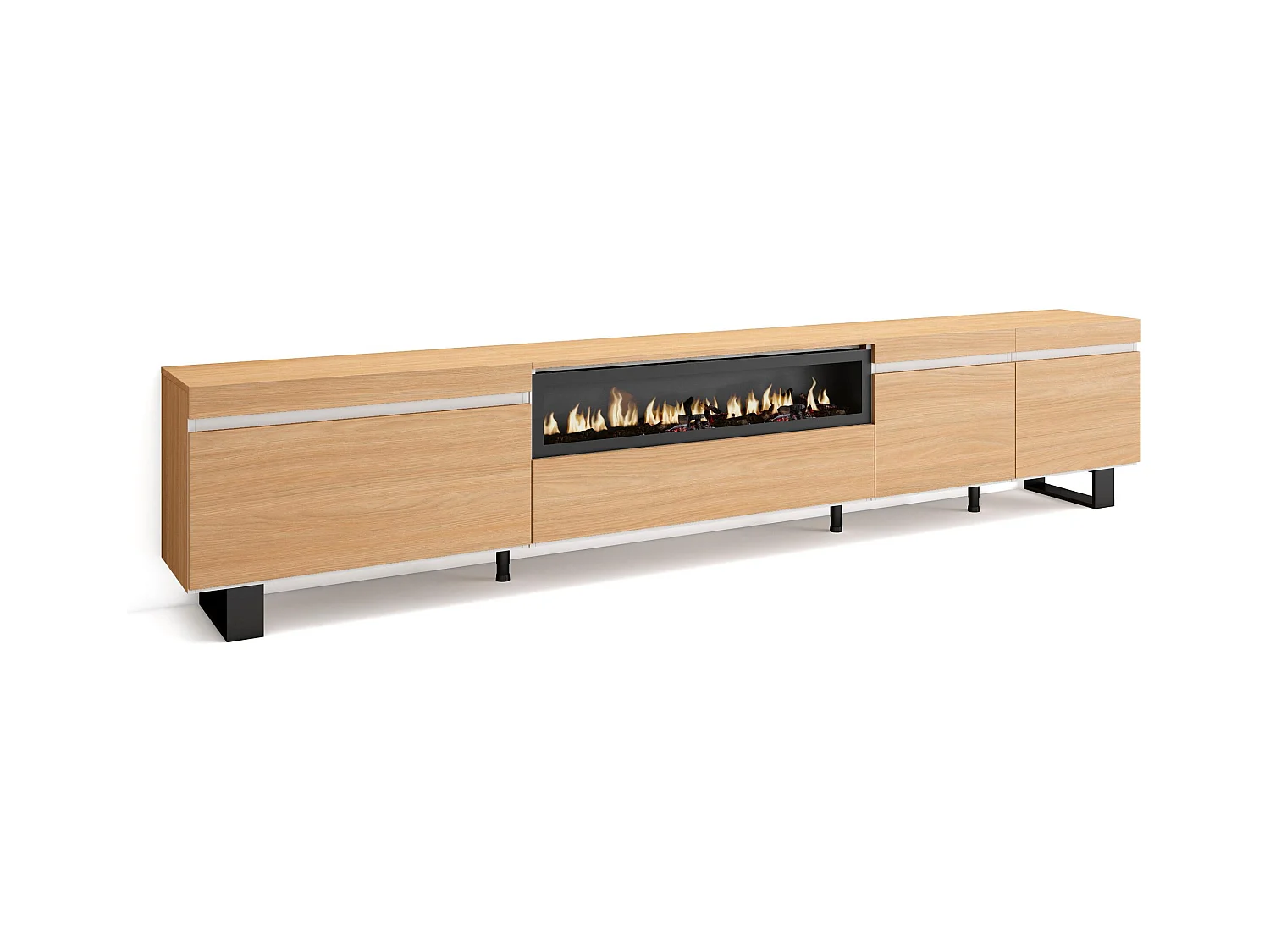 Meuble TV, Banc Télé, 288x35x57 cm, TV grand format, Cheminée électrique, Design industriel, Chêne soft et blanc