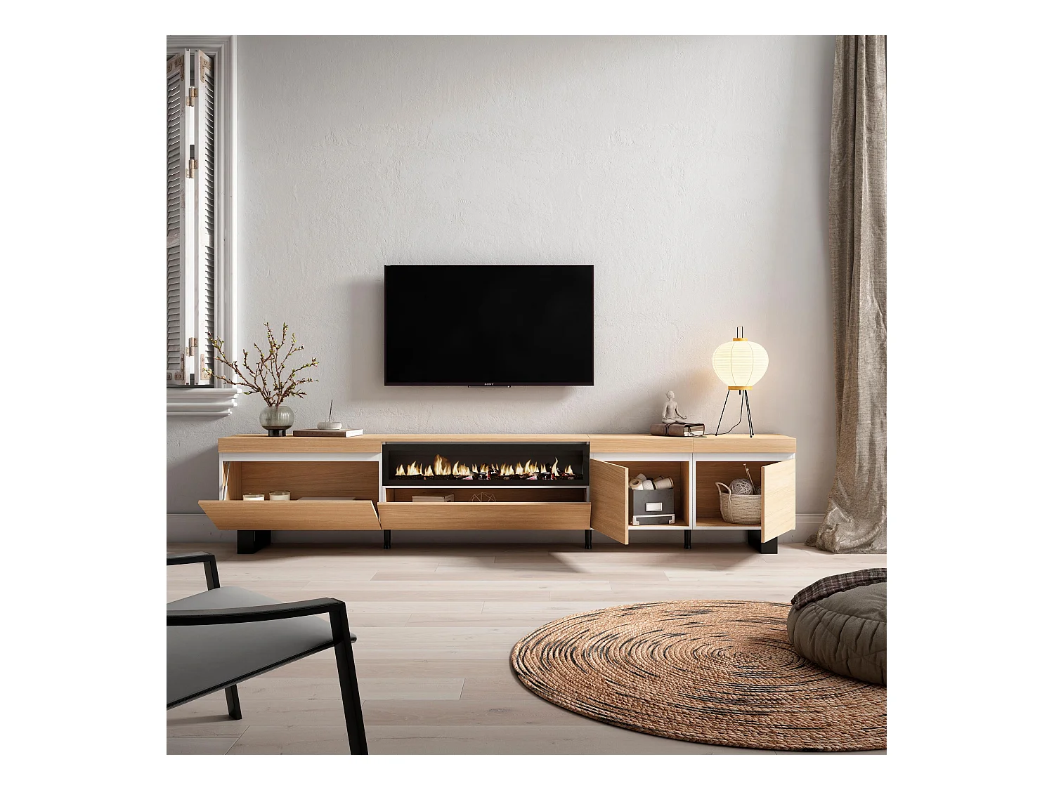Meuble TV, Banc Télé, 288x35x57 cm, TV grand format, Cheminée électrique, Design industriel, Chêne soft et blanc