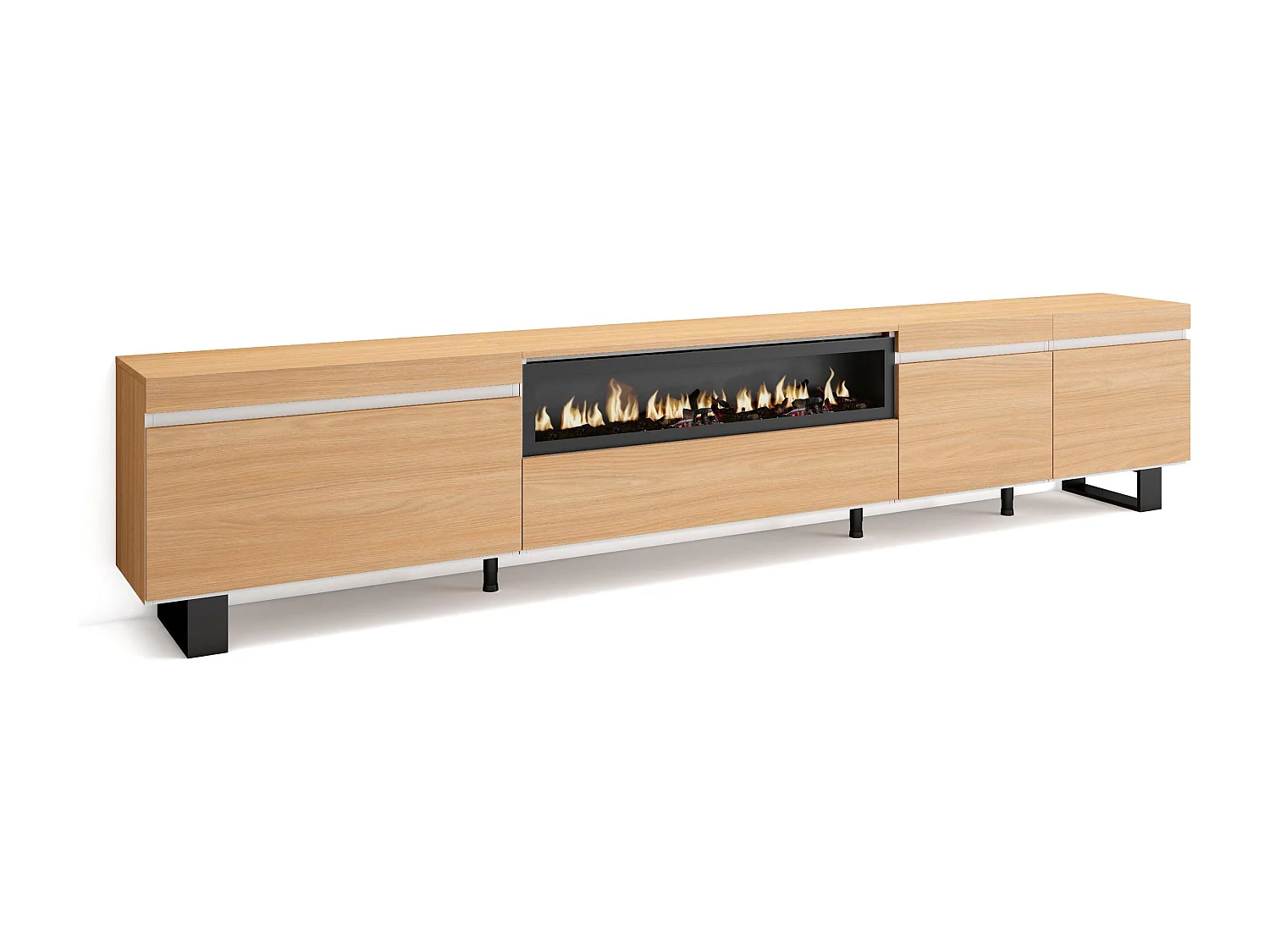 Meuble TV, Banc Télé, 288x35x57 cm, TV grand format, Cheminée électrique, Design industriel, Chêne soft et blanc