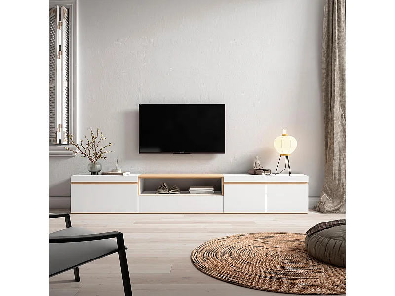 Mobile TV Soggiorno, 288x35x45cm, TV di grande formato, Mobile Soggiorno, Bianco e Rovere soft