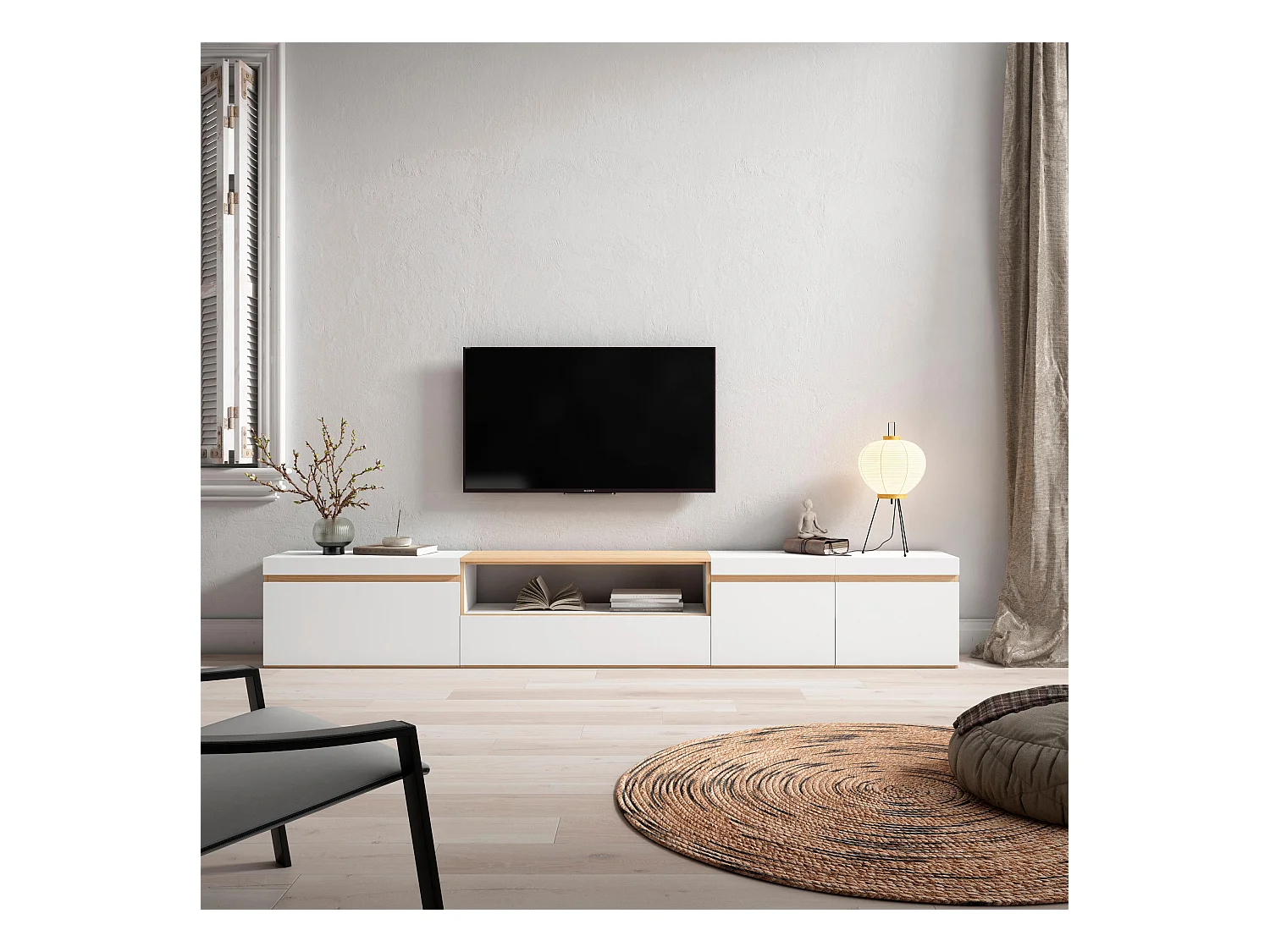 Mobile TV Soggiorno, 288x35x45cm, TV di grande formato, Mobile Soggiorno, Bianco e Rovere soft