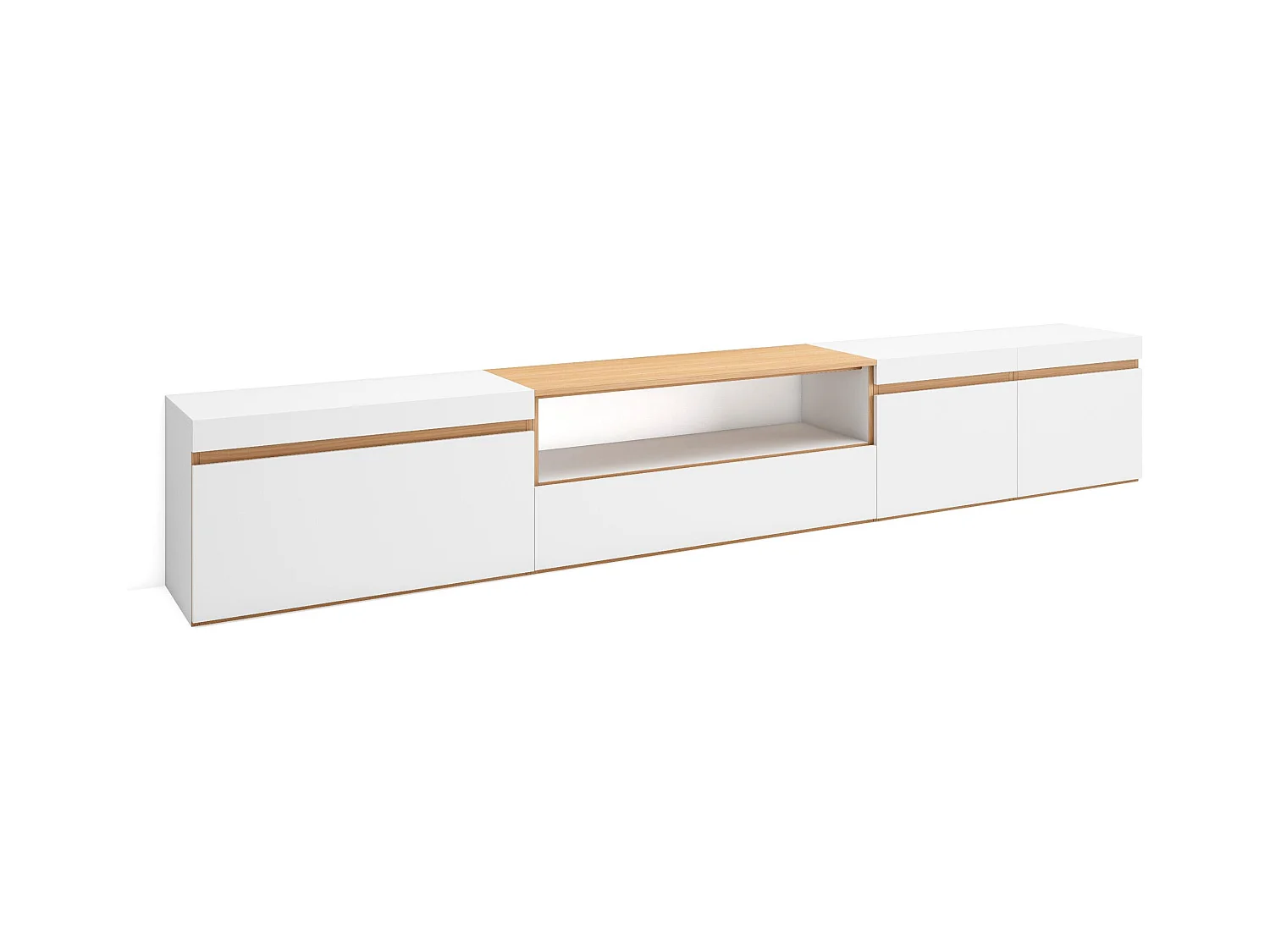 TV-Schrank, Lowboard, 288x35x45 cm, Für großformatiges TV, Fernsehtisch, Weiß und Eiche Soft