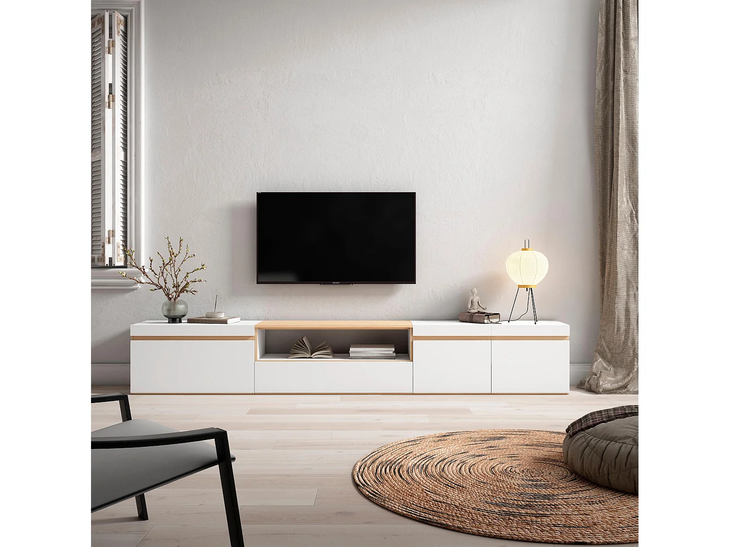 TV-Meubel, Lowboard, 288x45x35 cm, Groot formaat TV, TV-Tafel, Wit en Eiken soft