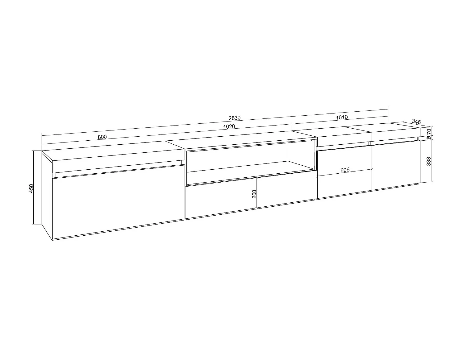 TV-Meubel, Lowboard, 288x45x35 cm, Groot formaat TV, TV-Tafel, Wit en Eiken soft
