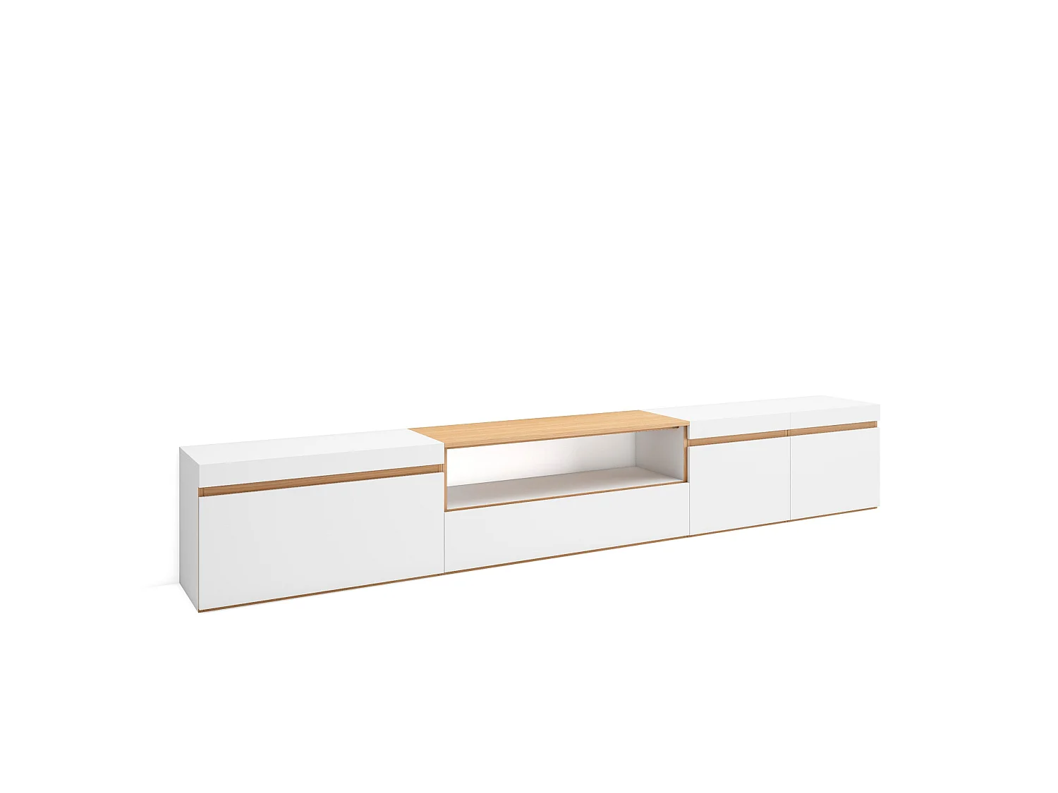 TV-Schrank, Lowboard, 288x35x45 cm, Für großformatiges TV, Fernsehtisch, Weiß und Eiche Soft