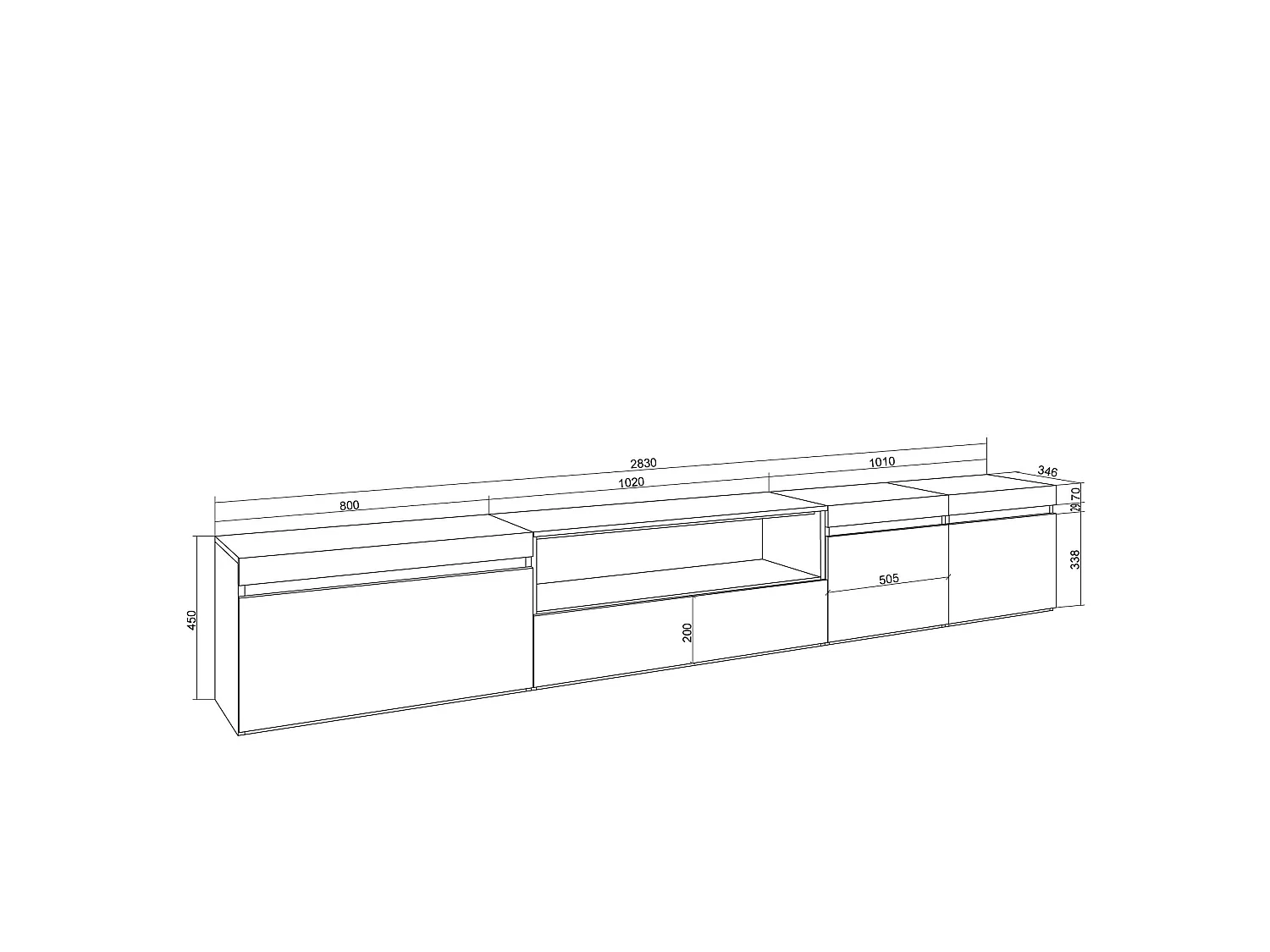 TV-Schrank, Lowboard, 288x35x45 cm, Für großformatiges TV, Fernsehtisch, Weiß und Eiche Soft