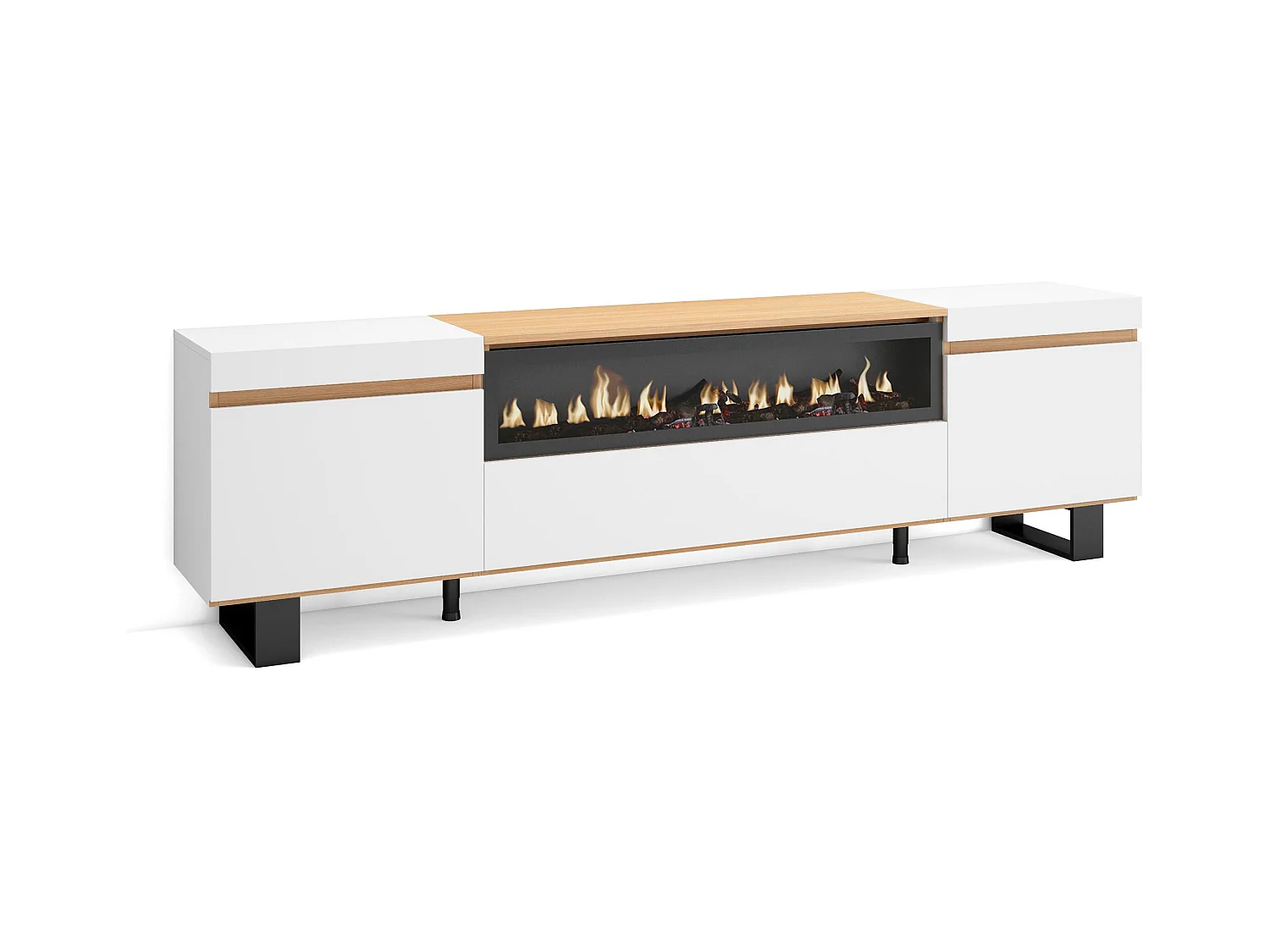 TV-Meubel, Lowboard, 200x57x35cm, Voor tv's tot 80", Elektrische haard, Industrieel design, Wit en Eiken soft