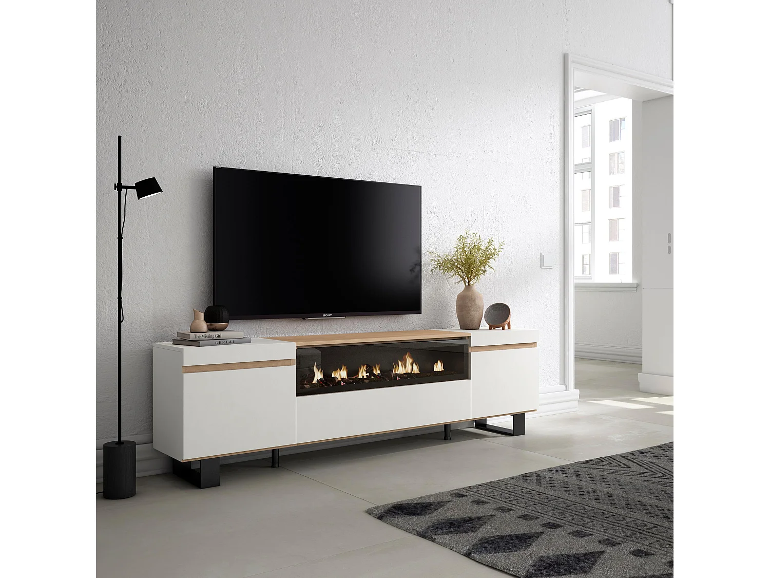 TV-Meubel, Lowboard, 200x57x35cm, Voor tv's tot 80", Elektrische haard, Industrieel design, Wit en Eiken soft