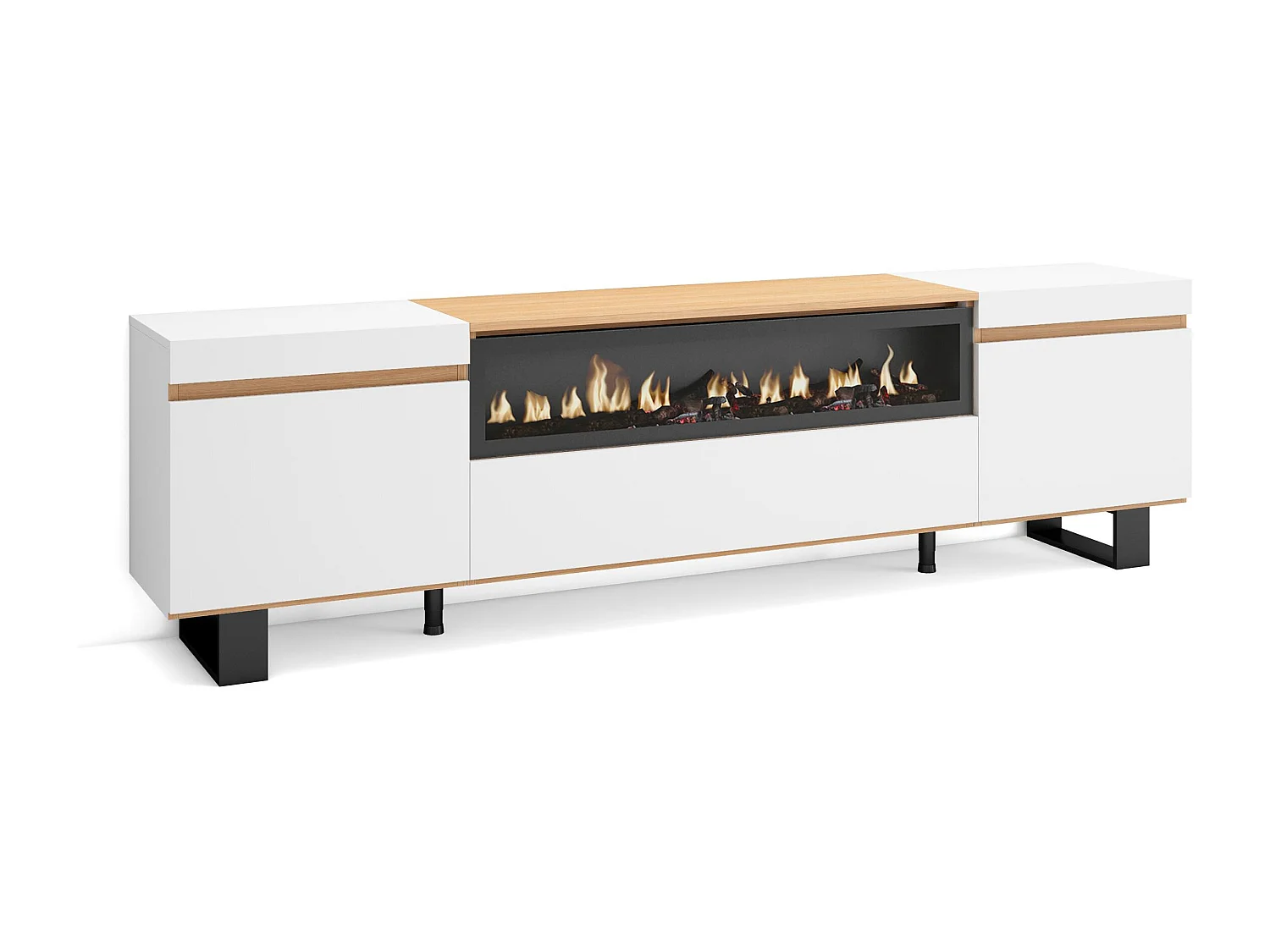 TV-Meubel, Lowboard, 200x57x35cm, Voor tv's tot 80", Elektrische haard, Industrieel design, Wit en Eiken soft