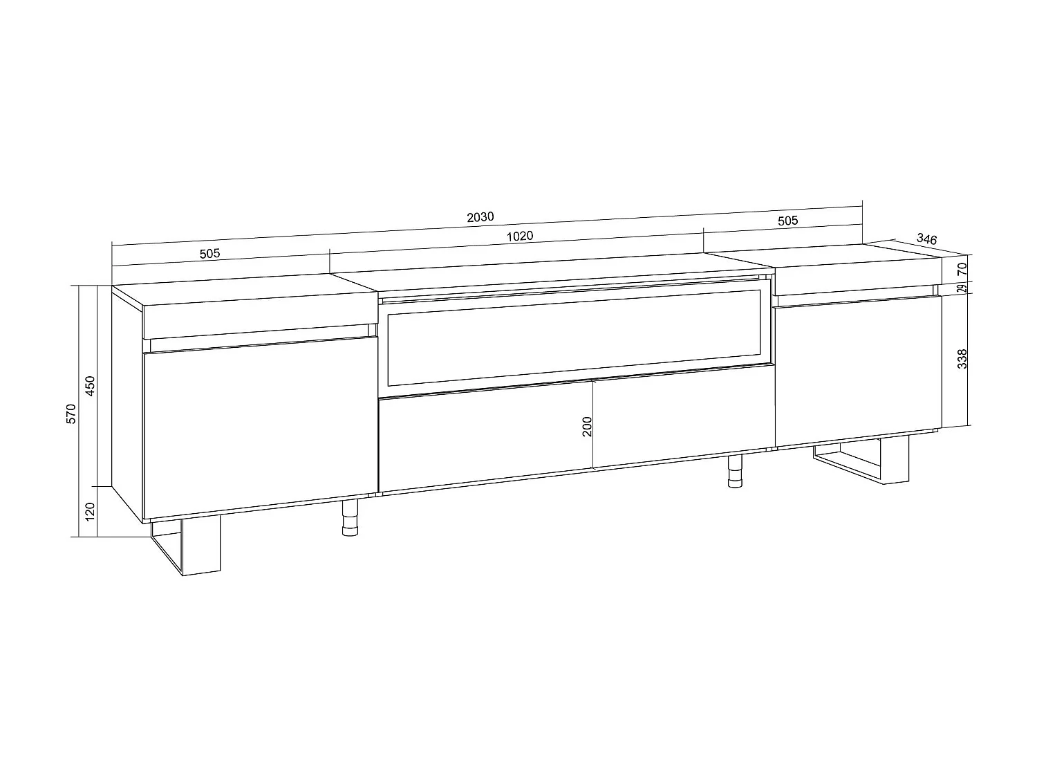 TV-Meubel, Lowboard, 200x57x35cm, Voor tv's tot 80", Elektrische haard, Industrieel design, Wit en Eiken soft