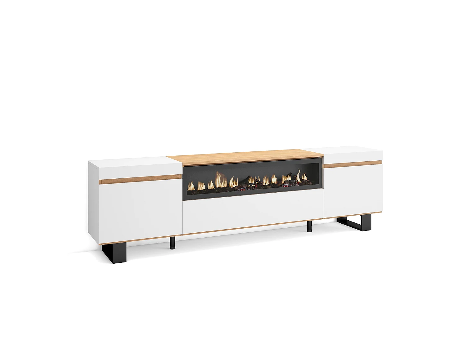 Meuble TV, Banc Télé, 200x35x57cm, Pour les TV jusqu'à 80", Cheminée électrique, Design industriel, Blanc et Chêne Soft
