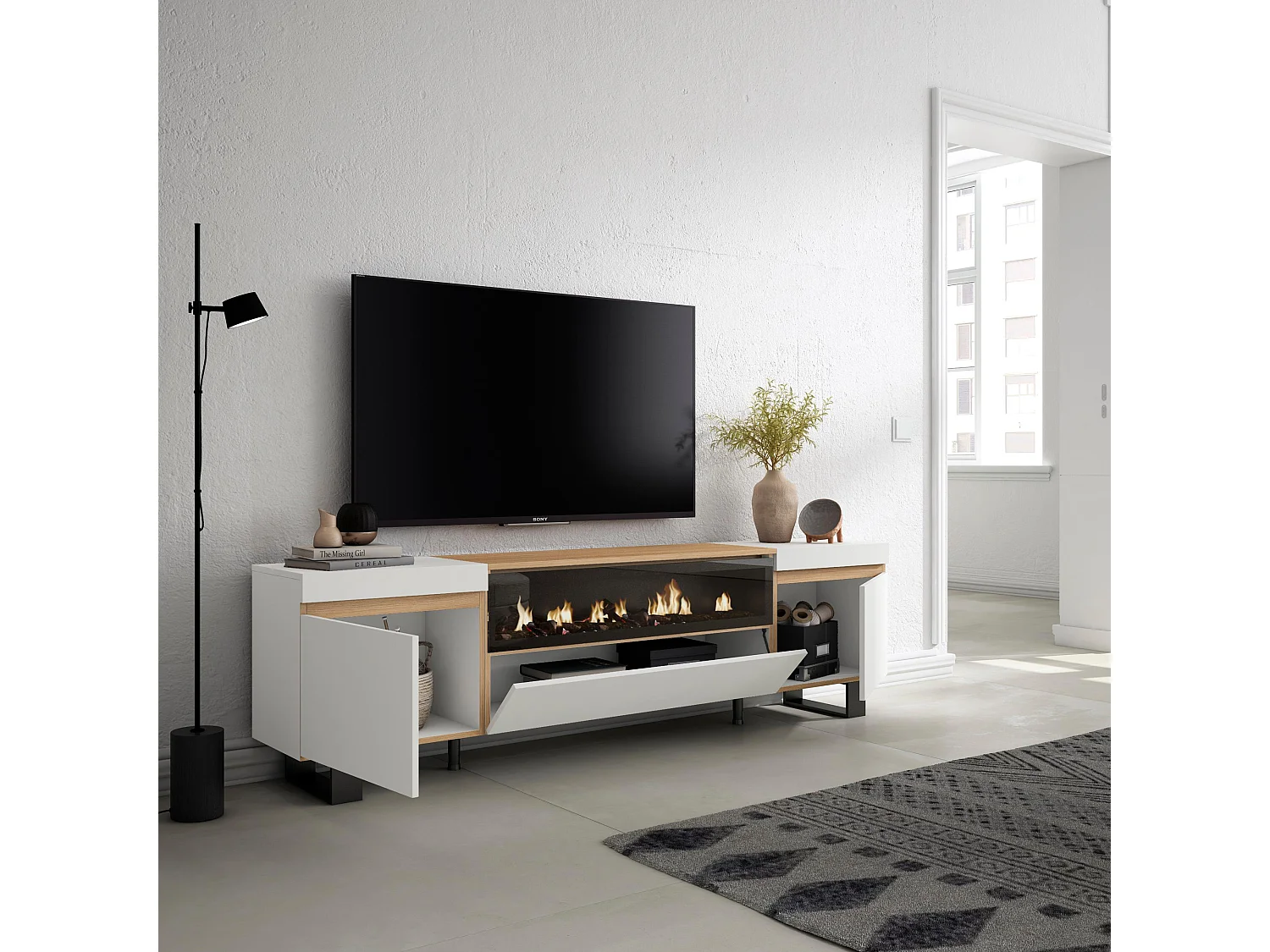Meuble TV, Banc Télé, 200x35x57cm, Pour les TV jusqu'à 80", Cheminée électrique, Design industriel, Blanc et Chêne Soft