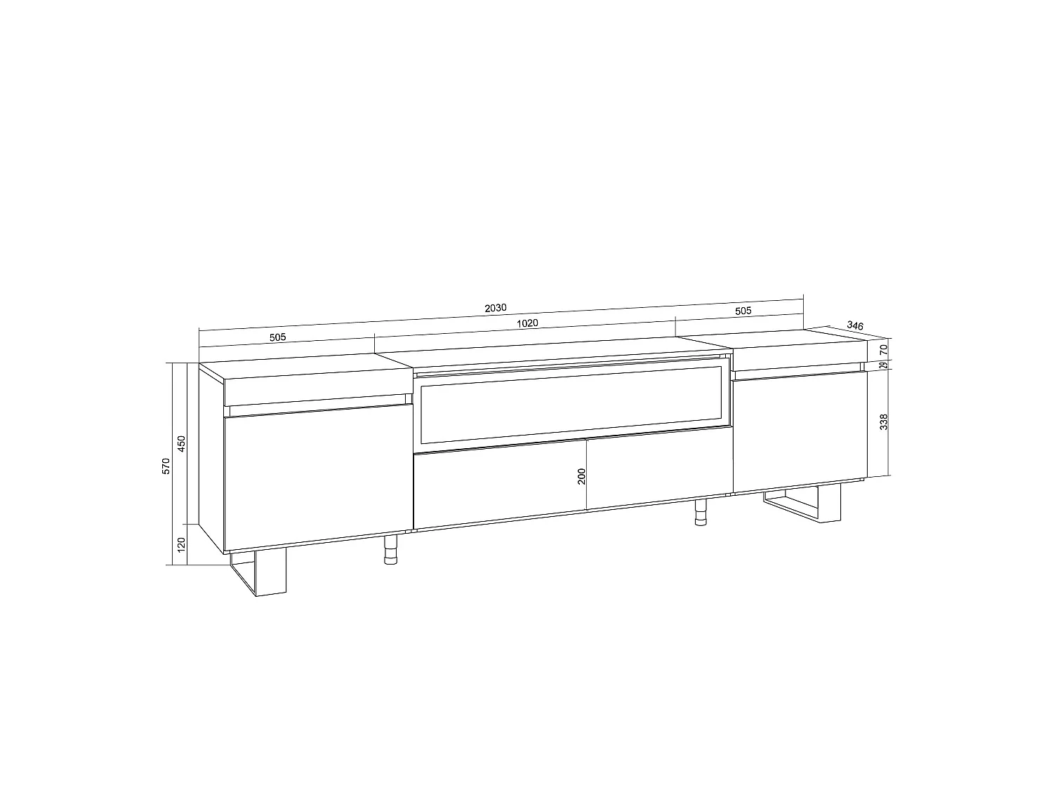 Meuble TV, Banc Télé, 200x35x57cm, Pour les TV jusqu'à 80", Cheminée électrique, Design industriel, Blanc et Chêne Soft