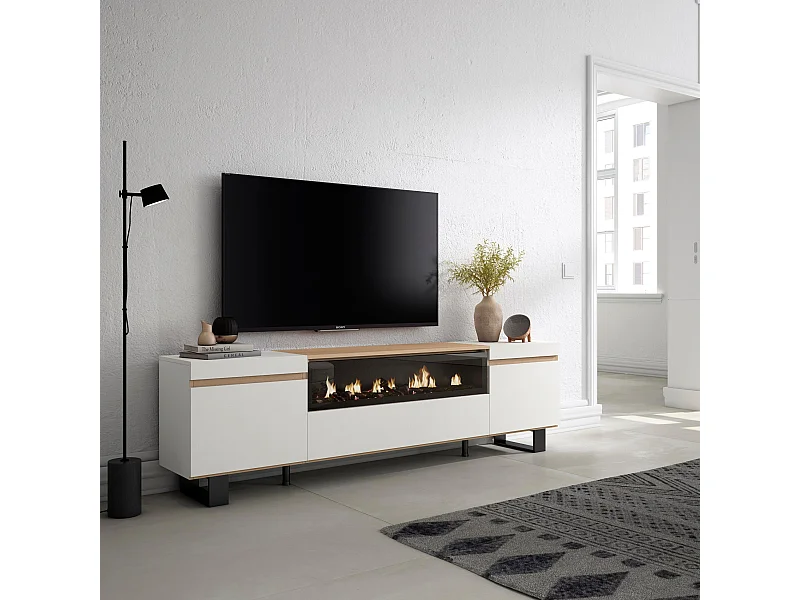 Meuble TV, Banc Télé, 200x35x57cm, Pour les TV jusqu'à 80", Cheminée électrique, Design industriel, Blanc et Chêne Soft