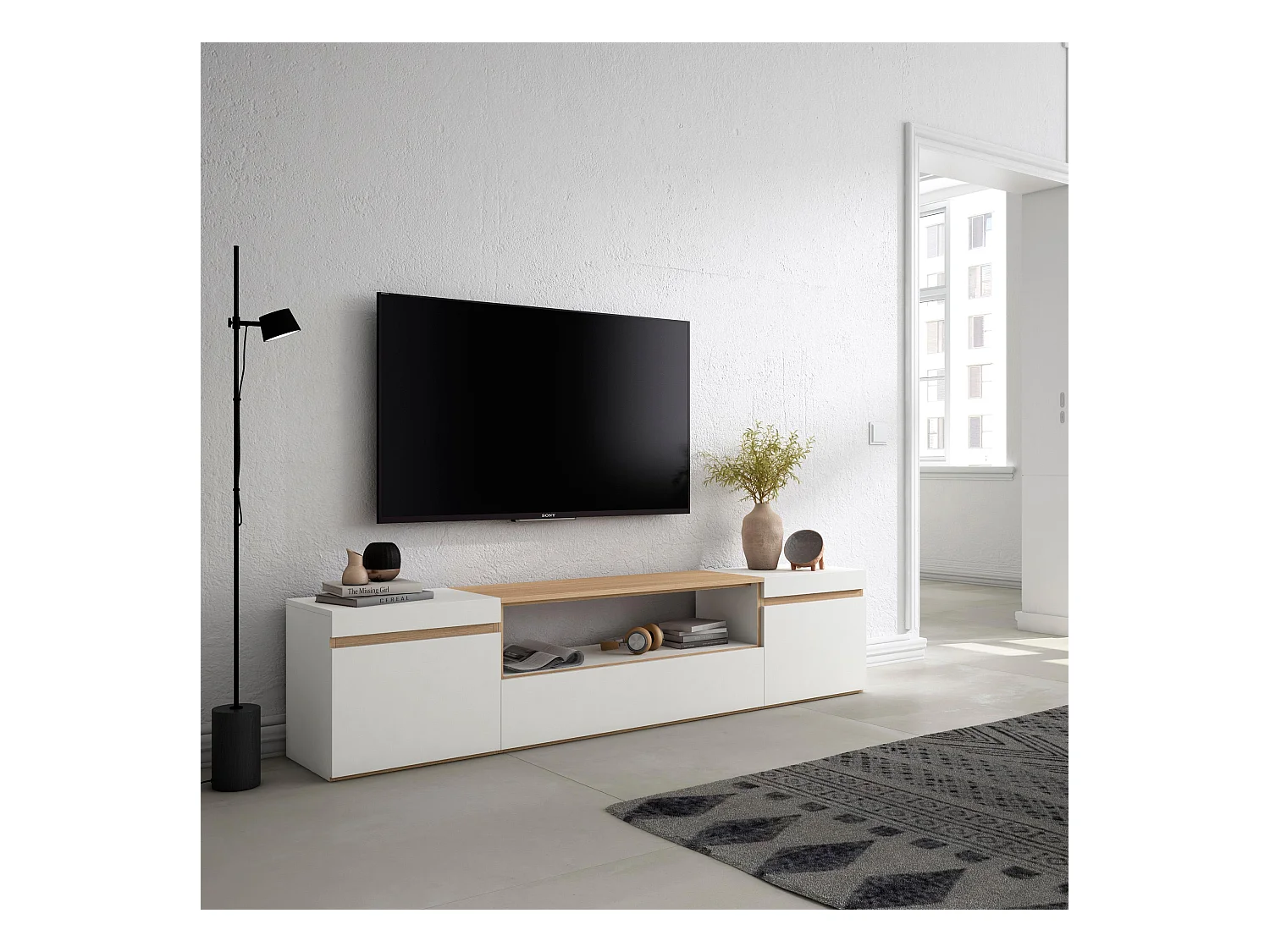 Mobile TV Soggiorno, 200x35x45cm, Per TV fino a 80", Mobile Soggiorno, Bianco e Rovere soft