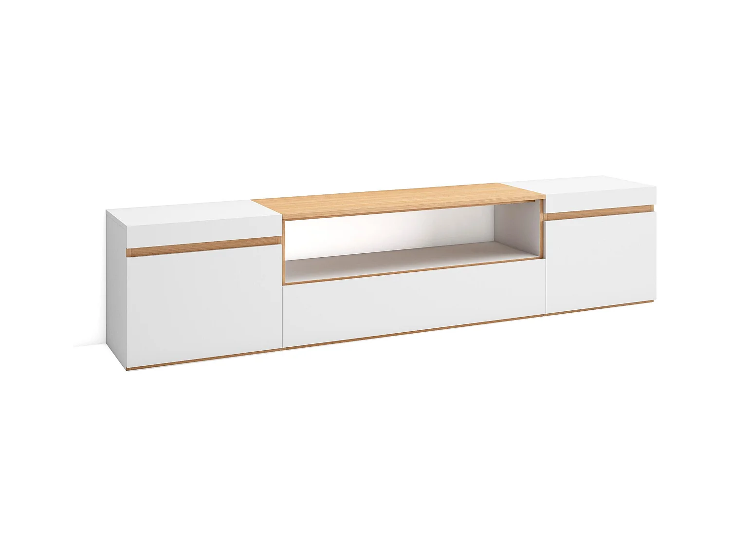 TV-Schrank, Lowboard, 200x35x45cm, Für TV-Geräte bis zu 80", Fernsehtisch, Weiß und Eiche Soft