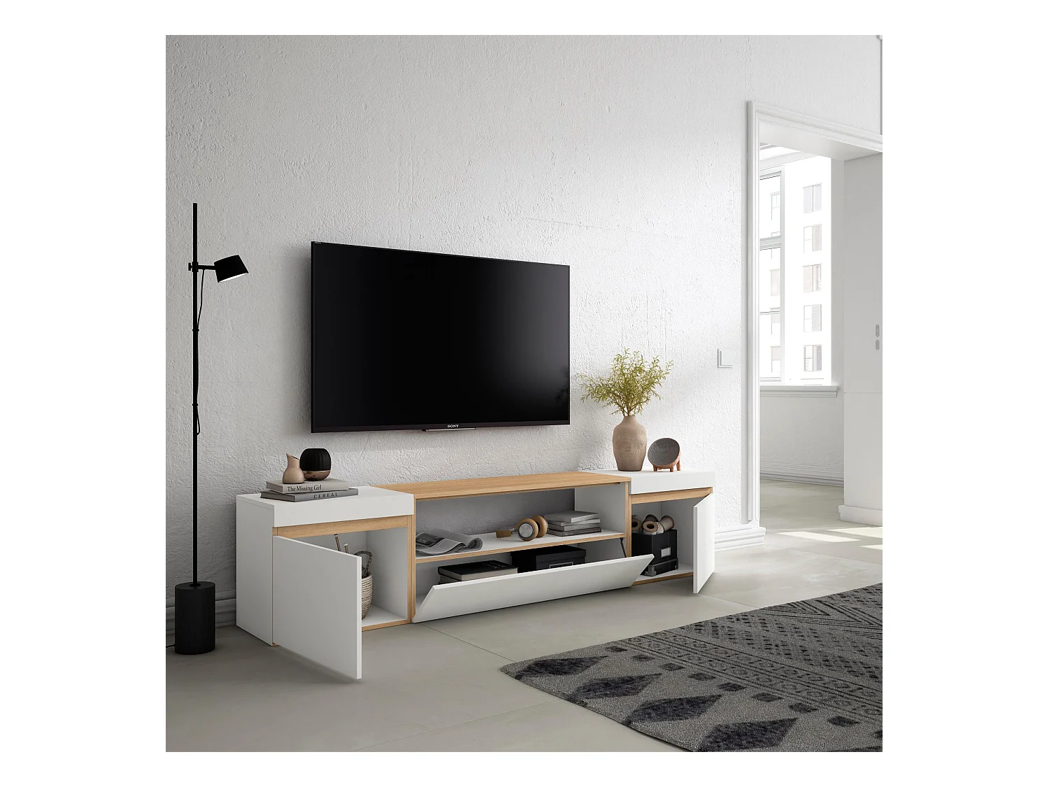 Meuble TV, Banc Télé, 200x35x45cm, Pour les TV jusqu'à 80", Meubles de salon, Blanc et Chêne Soft