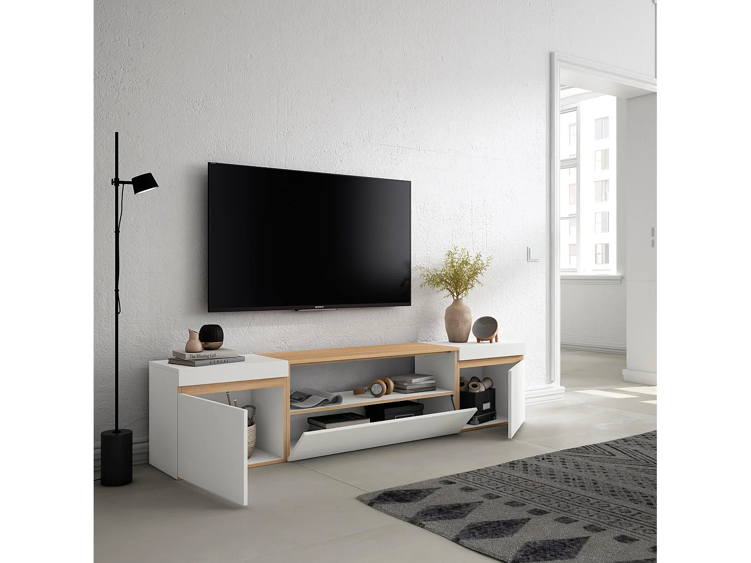 Mobile TV Soggiorno, 200x35x45cm, Per TV fino a 80", Mobile Soggiorno, Bianco e Rovere soft