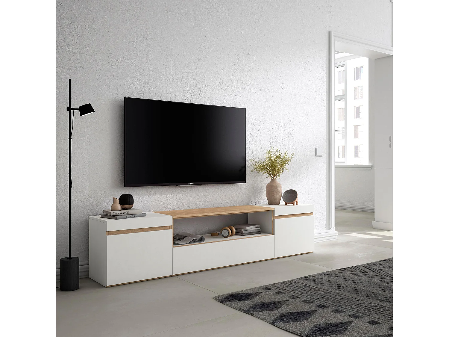 Mobile TV Soggiorno, 200x35x45cm, Per TV fino a 80", Mobile Soggiorno, Bianco e Rovere soft