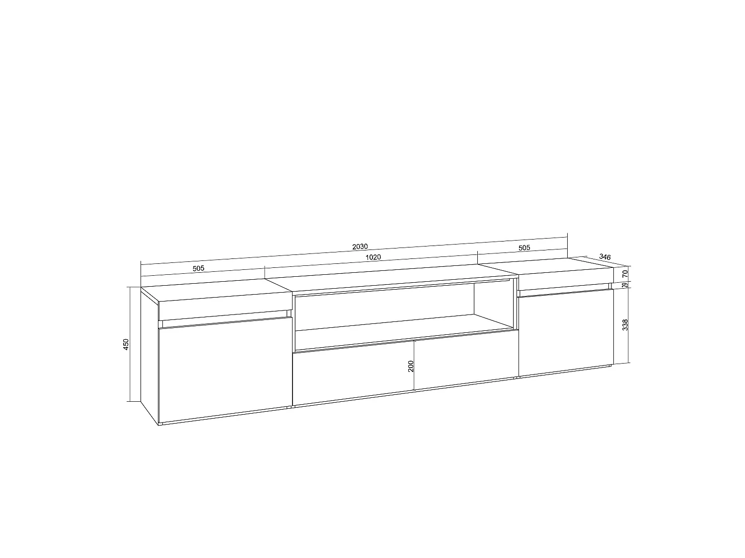 Mobile TV Soggiorno, 200x35x45cm, Per TV fino a 80", Mobile Soggiorno, Bianco e Rovere soft