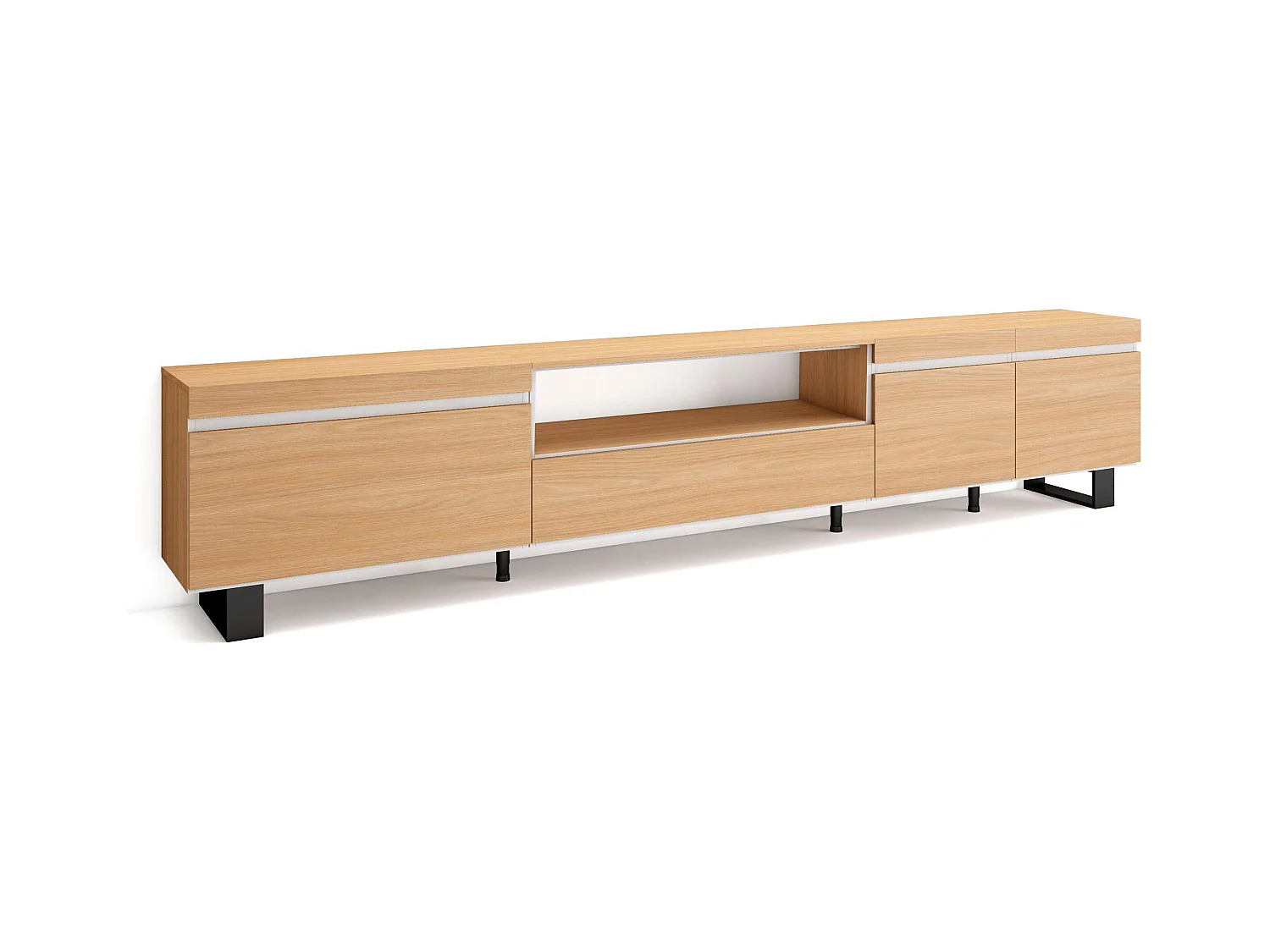 Meuble TV, Banc Télé, 288x35x57 cm, TV grand format, Design industriel, Chêne soft et blanc