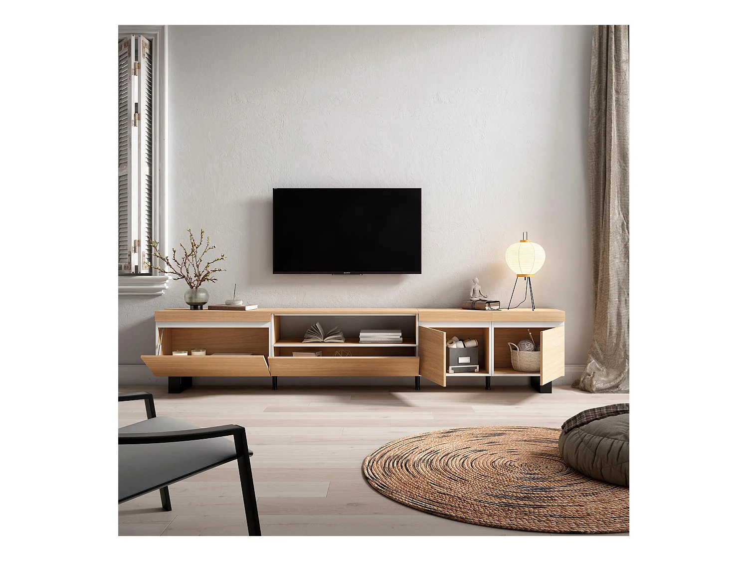 Meuble TV, Banc Télé, 288x35x57 cm, TV grand format, Design industriel, Chêne soft et blanc