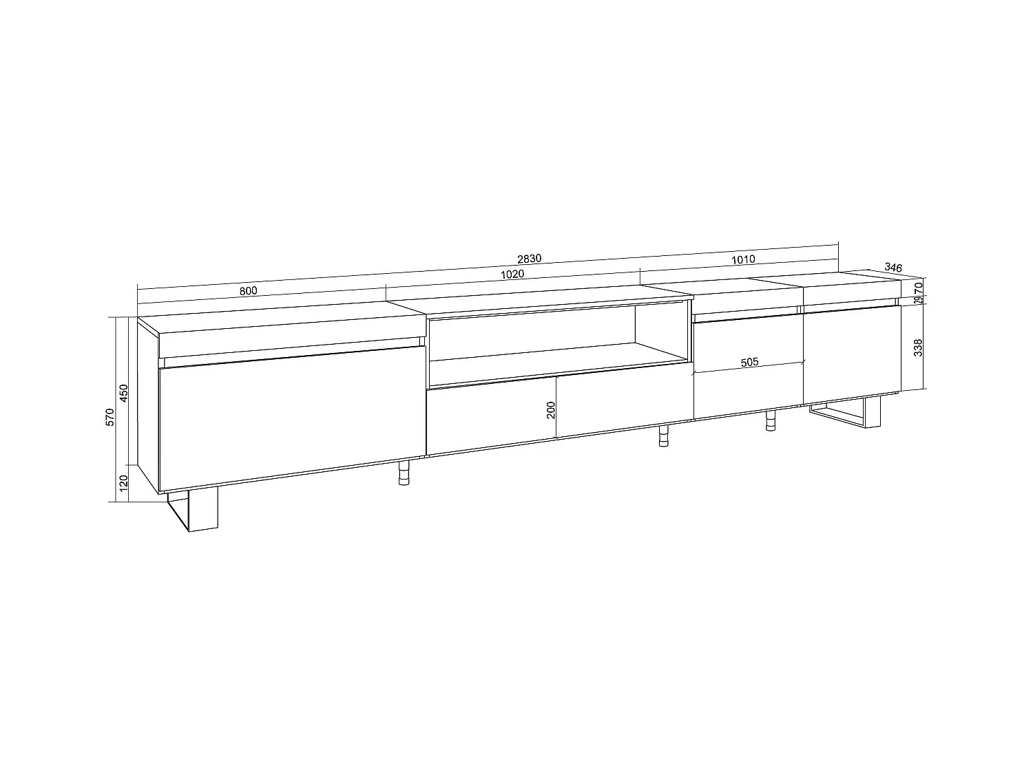 Meuble TV, Banc Télé, 288x35x57 cm, TV grand format, Design industriel, Chêne soft et blanc