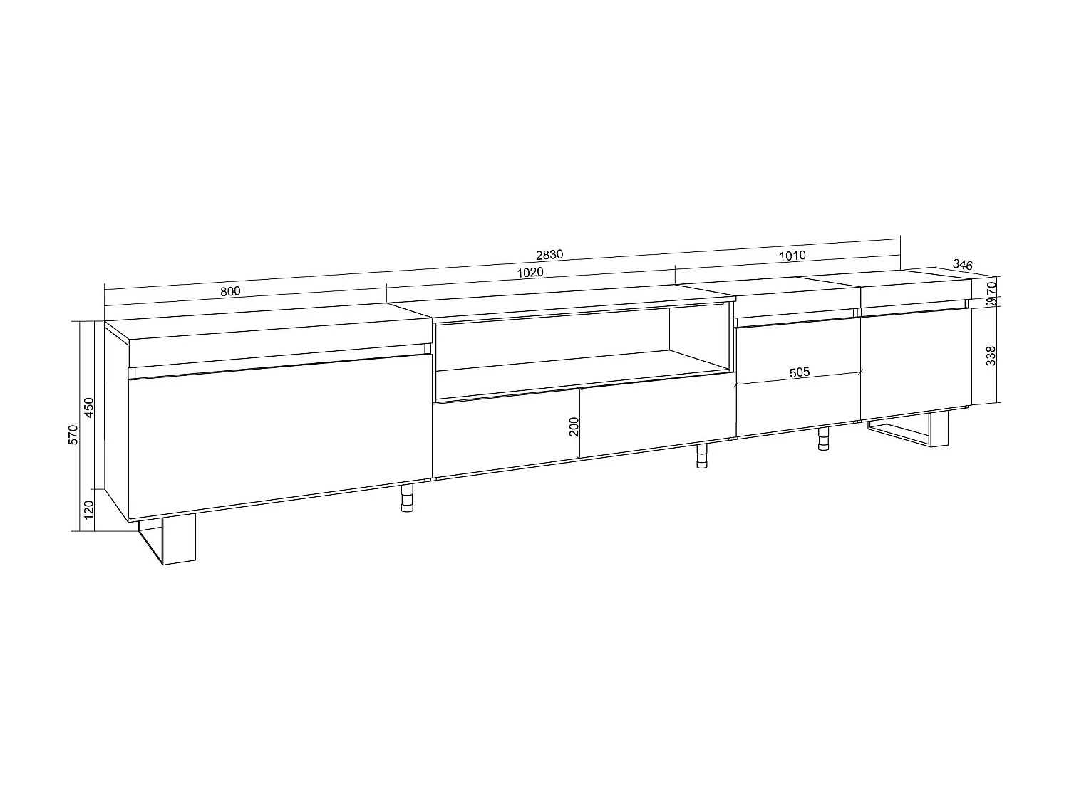 Meuble TV, Banc Télé, 288x35x57 cm, TV grand format, Design industriel, Chêne soft et blanc