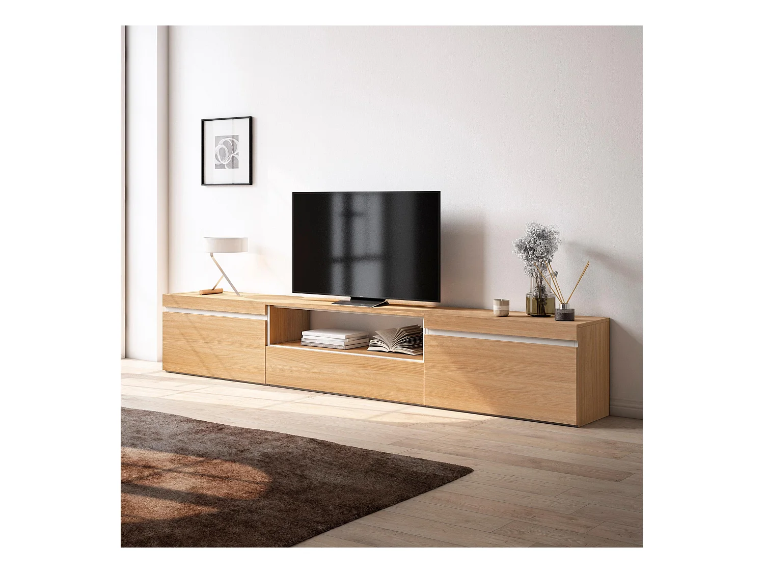 Meuble TV, Banc Télé, 260x35x45cm, TV grand format, Meubles de salon, Chêne soft et blanc