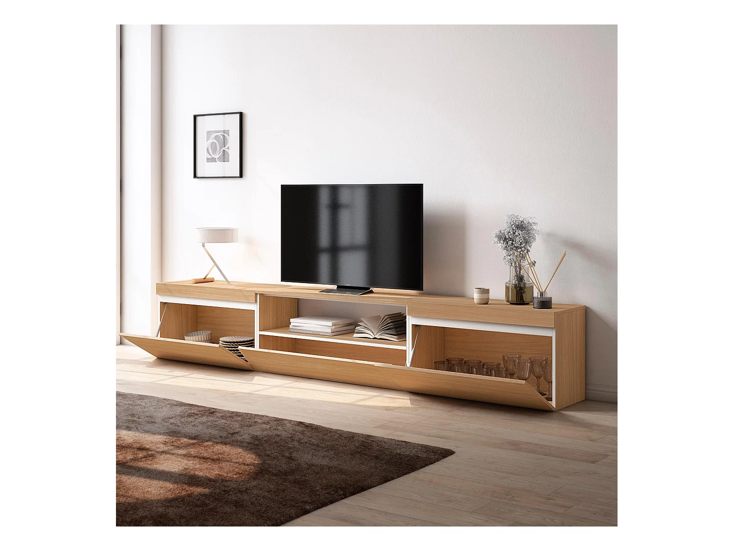Meuble TV, Banc Télé, 260x35x45cm, TV grand format, Meubles de salon, Chêne soft et blanc