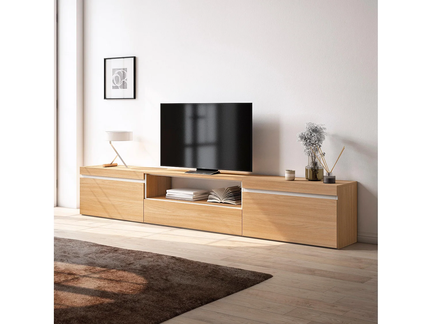 Meuble TV, Banc Télé, 260x35x45cm, TV grand format, Meubles de salon, Chêne soft et blanc