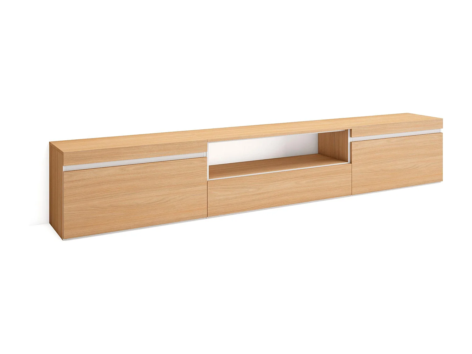 Meuble TV, Banc Télé, 260x35x45cm, TV grand format, Meubles de salon, Chêne soft et blanc