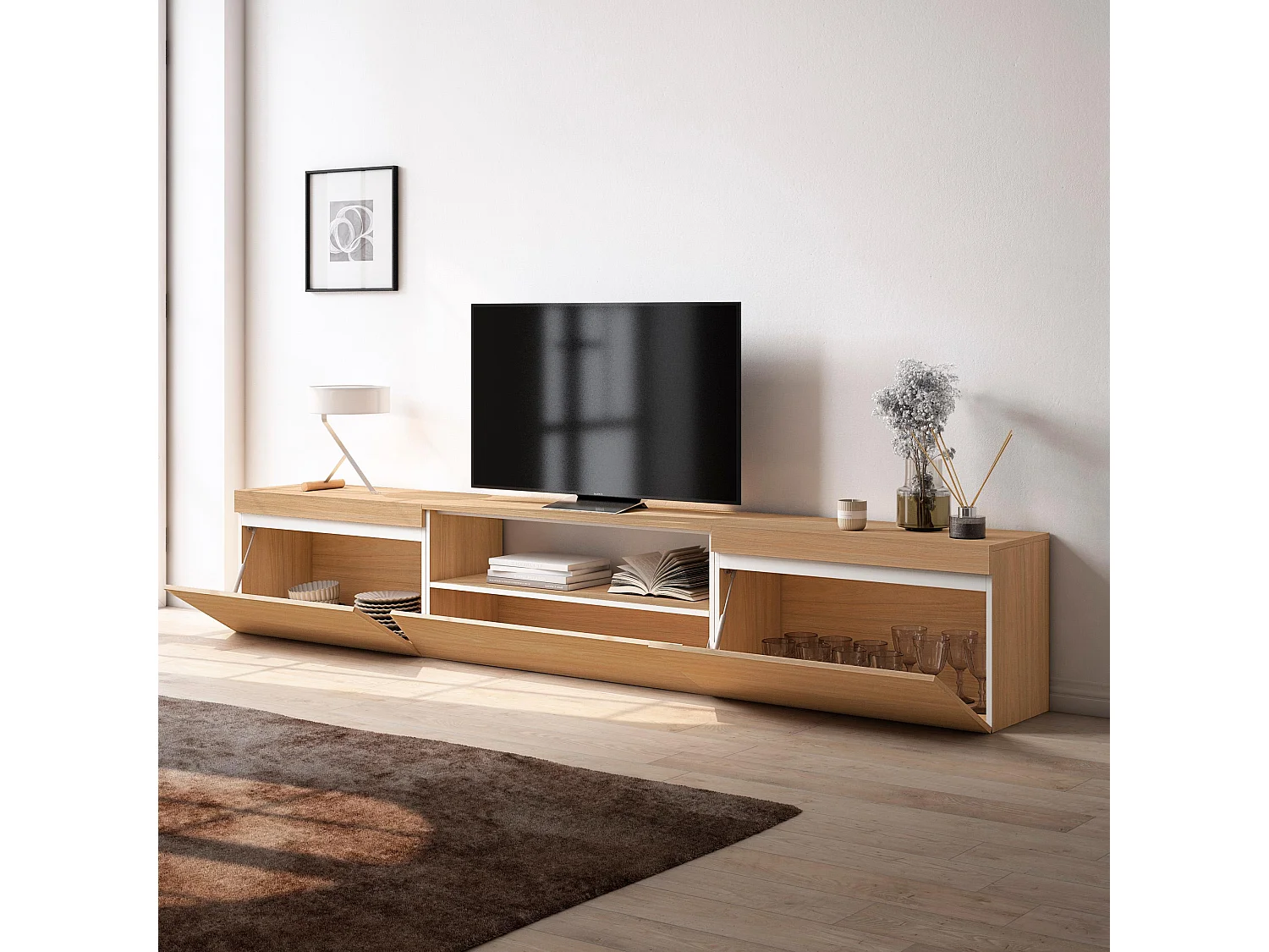 Meuble TV, Banc Télé, 260x35x45cm, TV grand format, Meubles de salon, Chêne soft et blanc