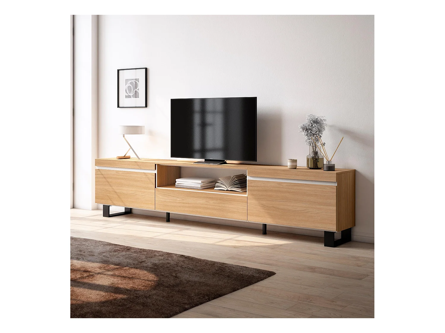 Mobile TV Soggiorno, 260x35x57cm, TV di grande formato, Design industriale, Rovere soft e bianco