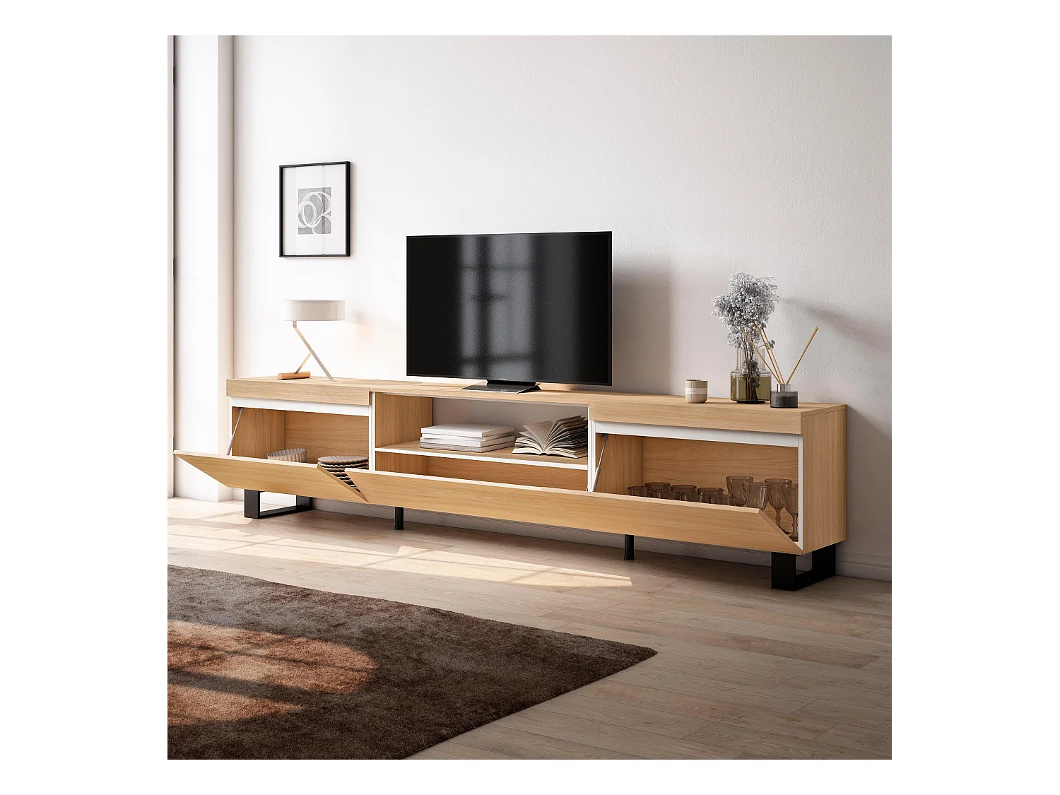 Mobile TV Soggiorno, 260x35x57cm, TV di grande formato, Design industriale, Rovere soft e bianco