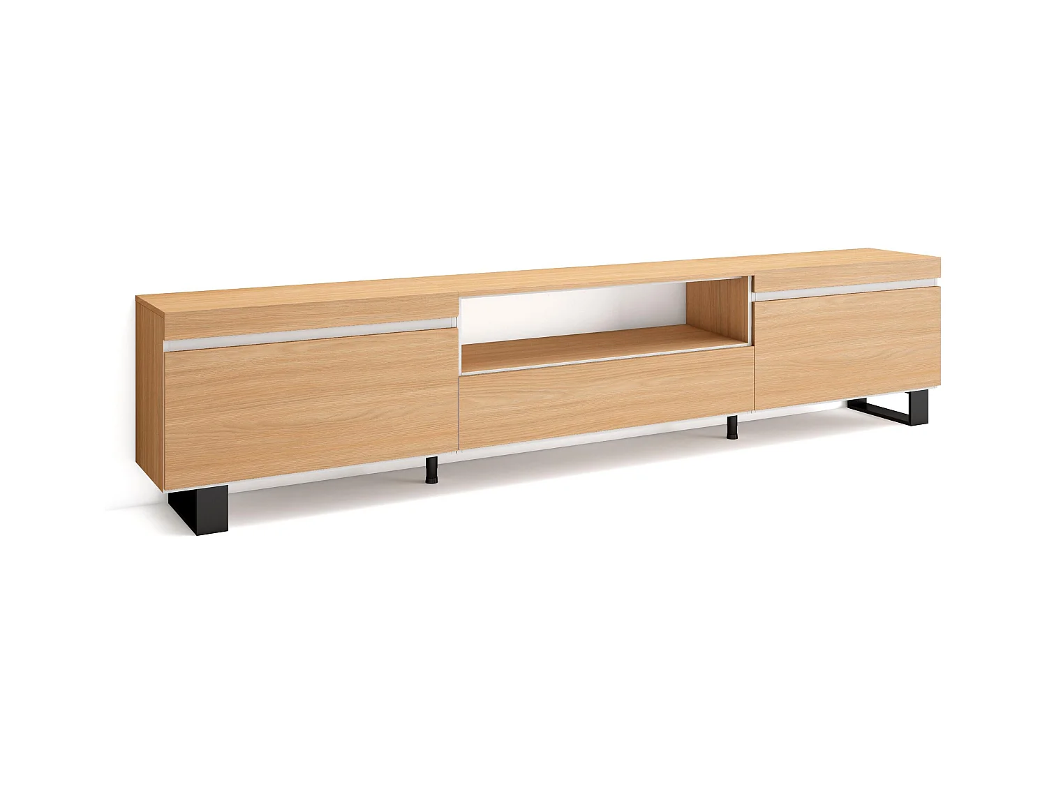 Meuble TV, Banc Télé, 260x35x57 cm, TV grand format, Design industriel, Chêne soft et blanc