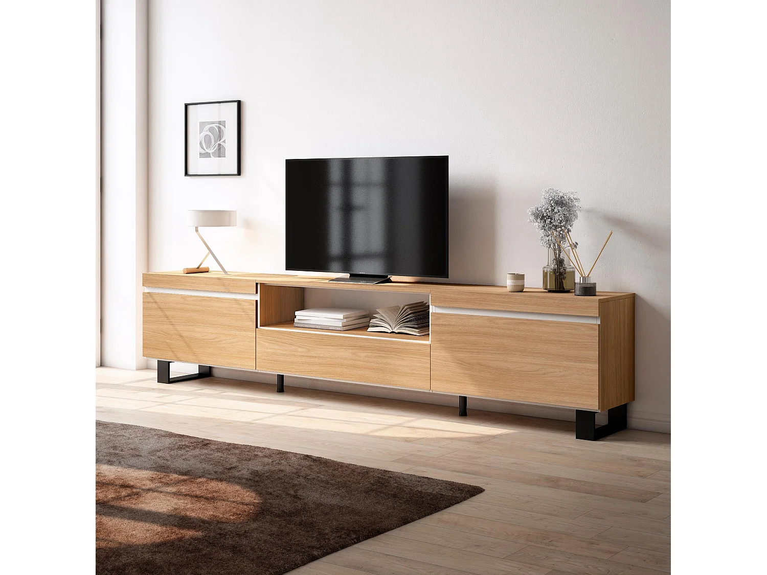 Meuble TV, Banc Télé, 260x35x57 cm, TV grand format, Design industriel, Chêne soft et blanc