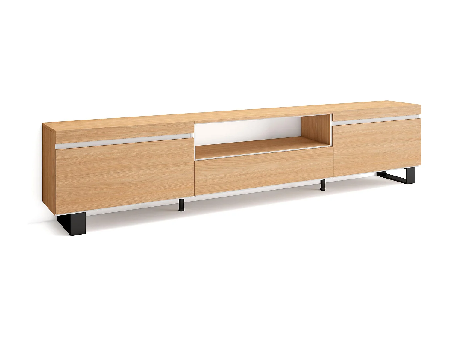 Meuble TV, Banc Télé, 260x35x57 cm, TV grand format, Design industriel, Chêne soft et blanc