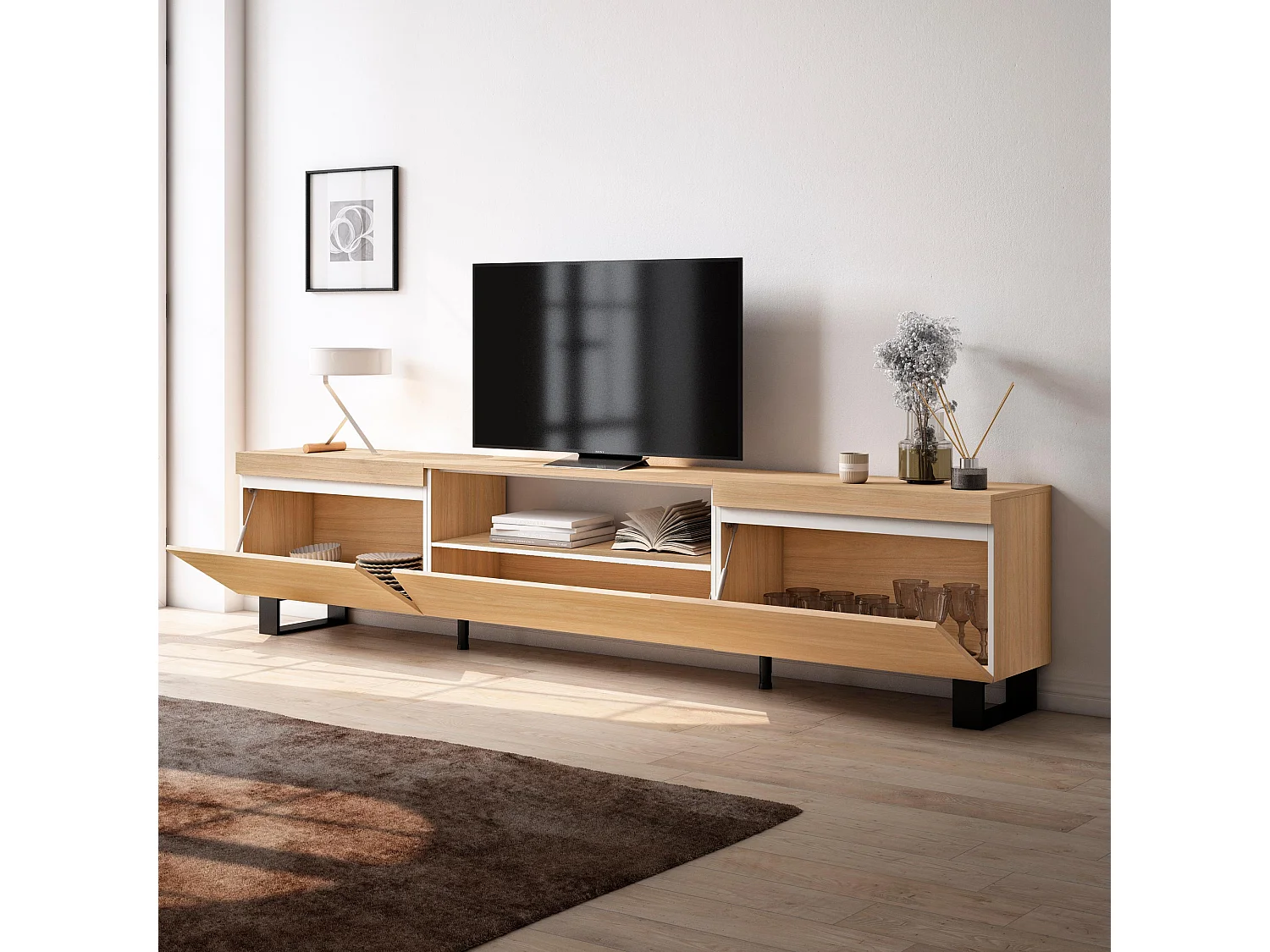 Meuble TV, Banc Télé, 260x35x57 cm, TV grand format, Design industriel, Chêne soft et blanc