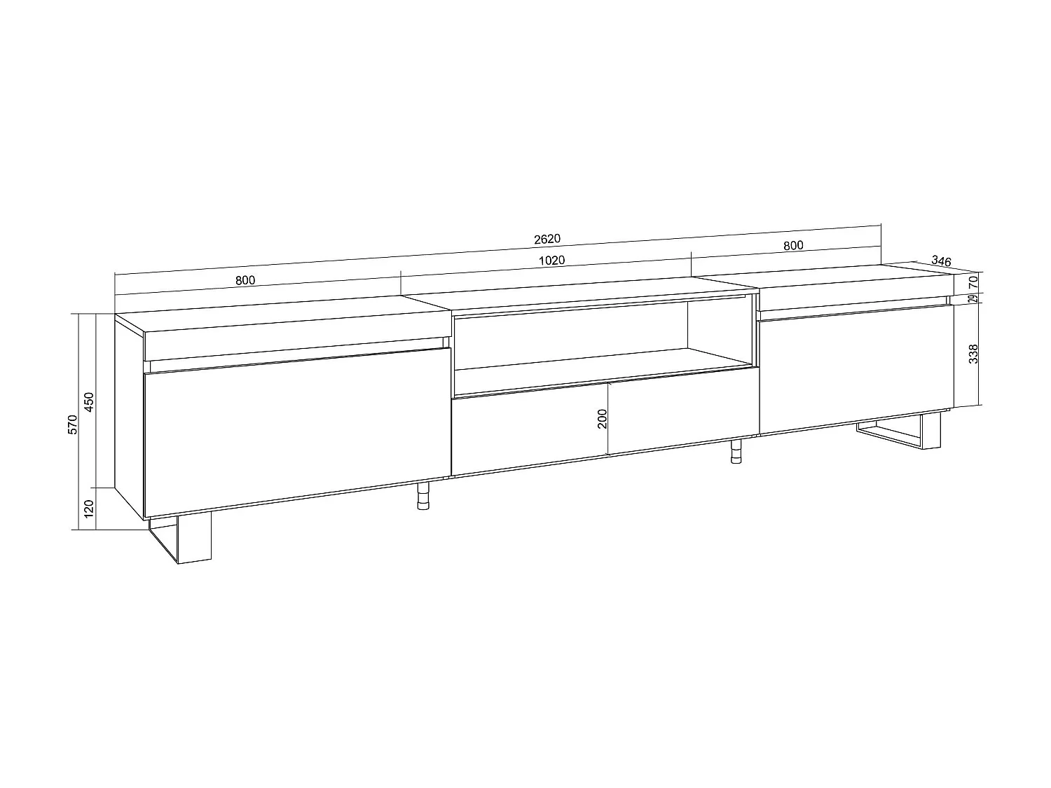 Meuble TV, Banc Télé, 260x35x57 cm, TV grand format, Design industriel, Chêne soft et blanc