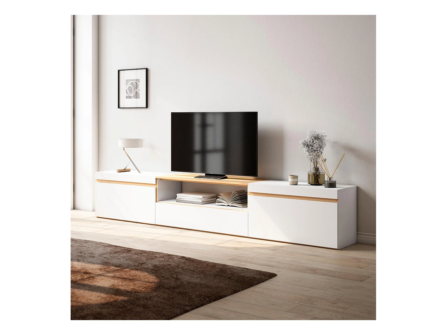 TV-Meubel, Lowboard, 260x45x35cm, Groot formaat TV, TV-Tafel, Wit en Eiken soft