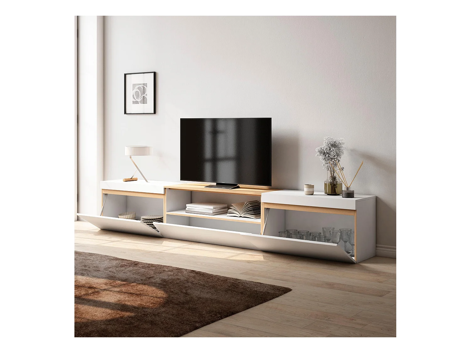 TV-Meubel, Lowboard, 260x45x35cm, Groot formaat TV, TV-Tafel, Wit en Eiken soft