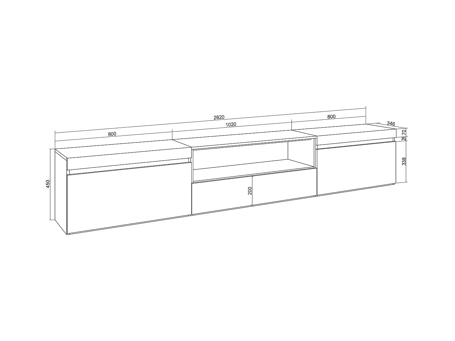 TV-Meubel, Lowboard, 260x45x35cm, Groot formaat TV, TV-Tafel, Wit en Eiken soft
