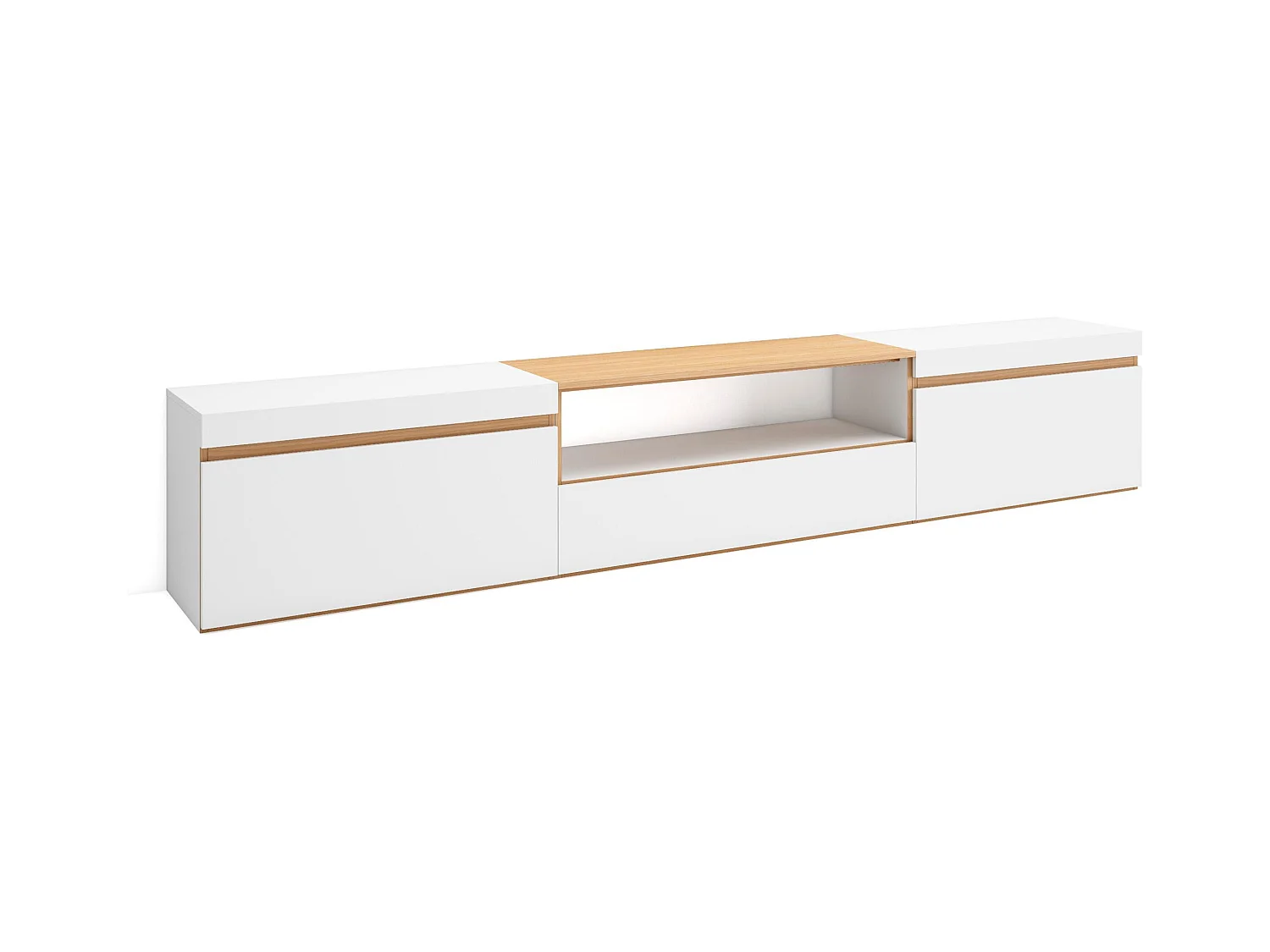 Meuble TV, Banc Télé, 260x35x45cm, TV grand format, Meubles de salon, Blanc et Chêne Soft