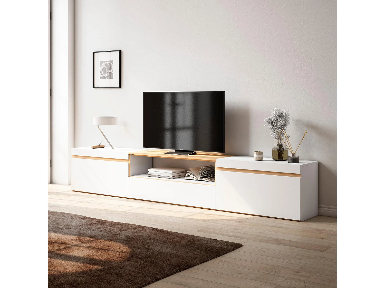 Meuble TV, Banc Télé, 260x35x45cm, TV grand format, Meubles de salon, Blanc et Chêne Soft