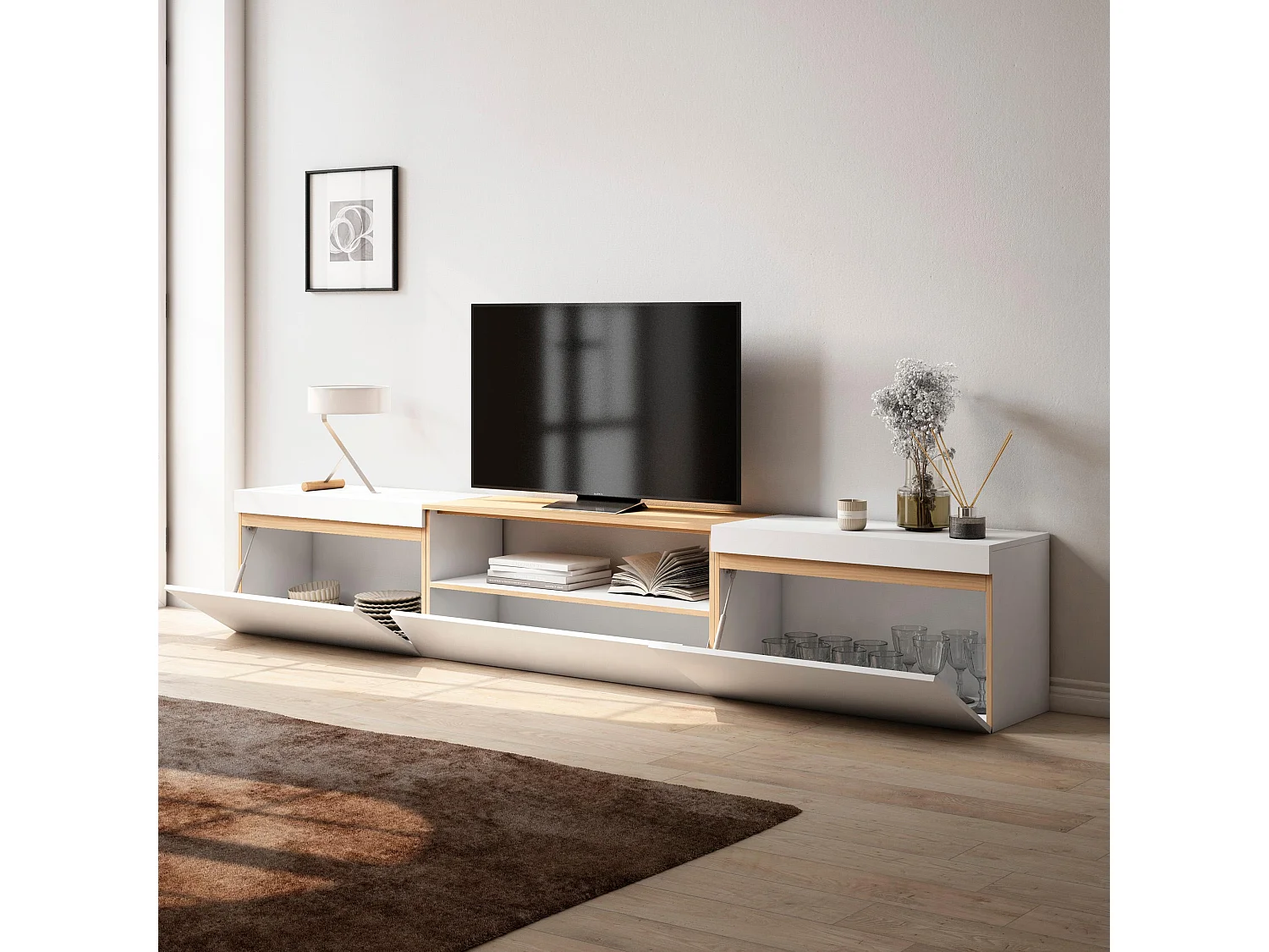 Meuble TV, Banc Télé, 260x35x45cm, TV grand format, Meubles de salon, Blanc et Chêne Soft