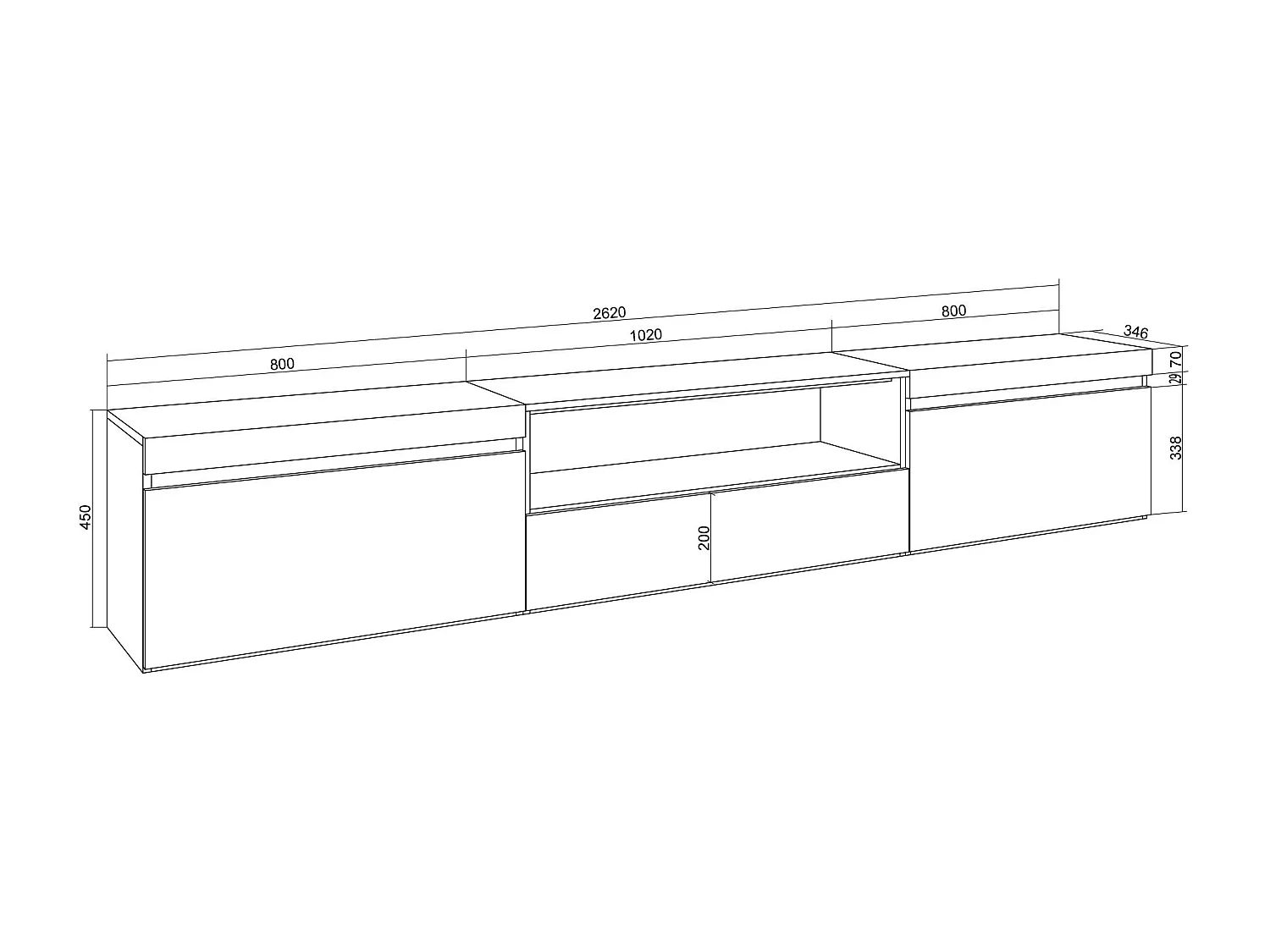 Meuble TV, Banc Télé, 260x35x45cm, TV grand format, Meubles de salon, Blanc et Chêne Soft