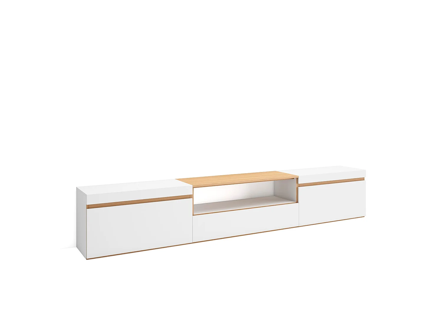 Meuble TV, Banc Télé, 260x35x45cm, TV grand format, Meubles de salon, Blanc et Chêne Soft