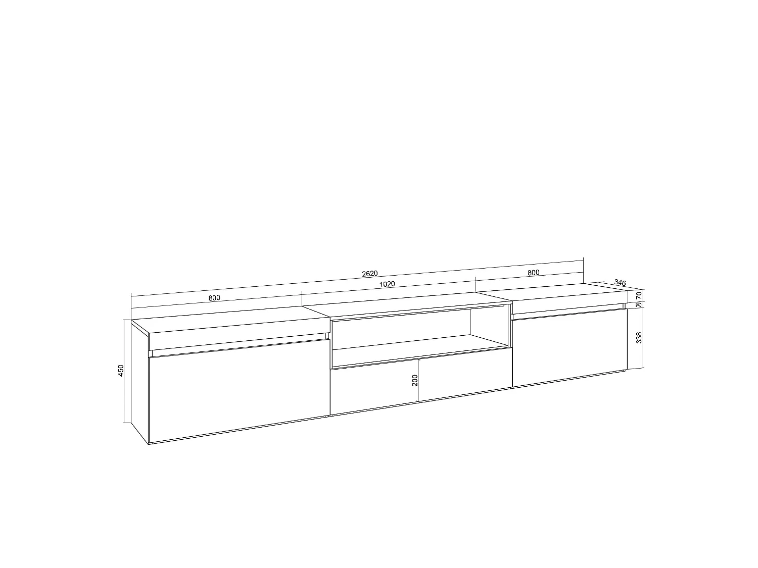 Meuble TV, Banc Télé, 260x35x45cm, TV grand format, Meubles de salon, Blanc et Chêne Soft