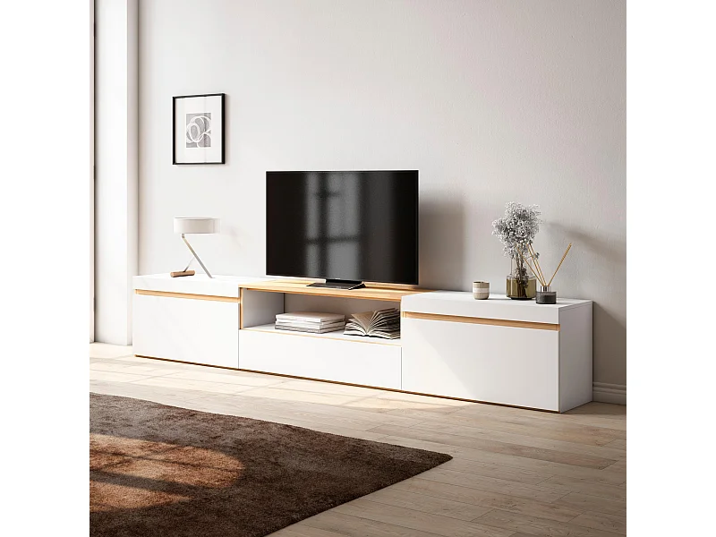 Meuble TV, Banc Télé, 260x35x45cm, TV grand format, Meubles de salon, Blanc et Chêne Soft